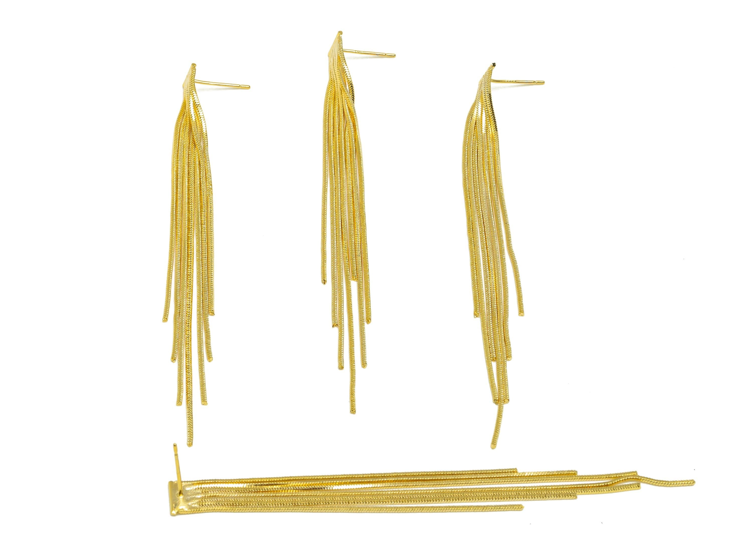 Brass Snake Chain Earring - Gold Long Chain Tassel Earring Stud - Snake Chain Tassel Earring Post - 18K Real Gold Plating - 100mm - RGP7704 - DOMEDBAZAAR