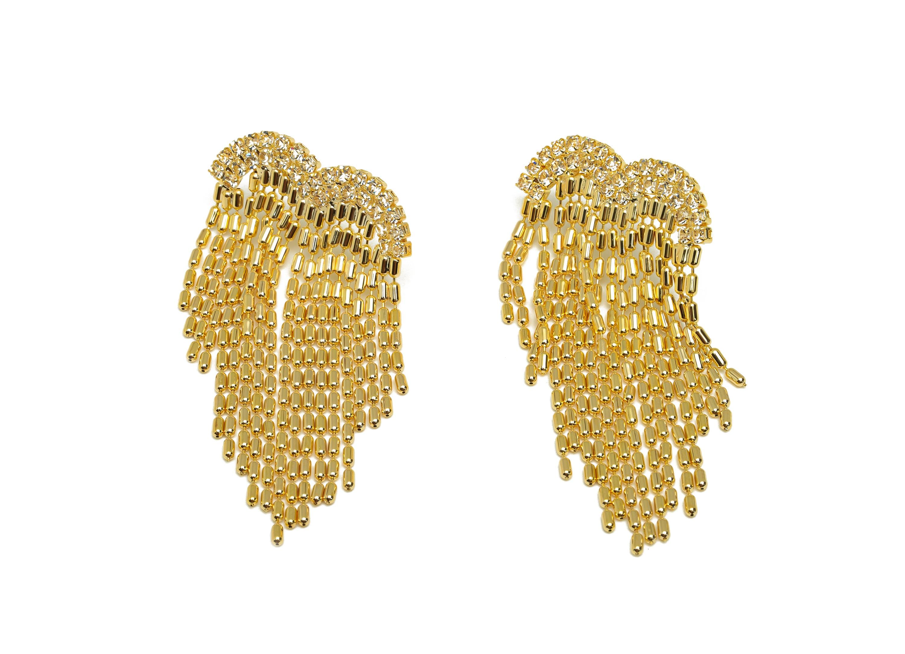 Brass Wings Tassel Ear - Heart Zircon Cylinder Beads Chian Ear Post - Gold Wings Tassel Earring Stud - 18K Real Gold Plated - 56mm - RGP7705 - DOMEDBAZAAR