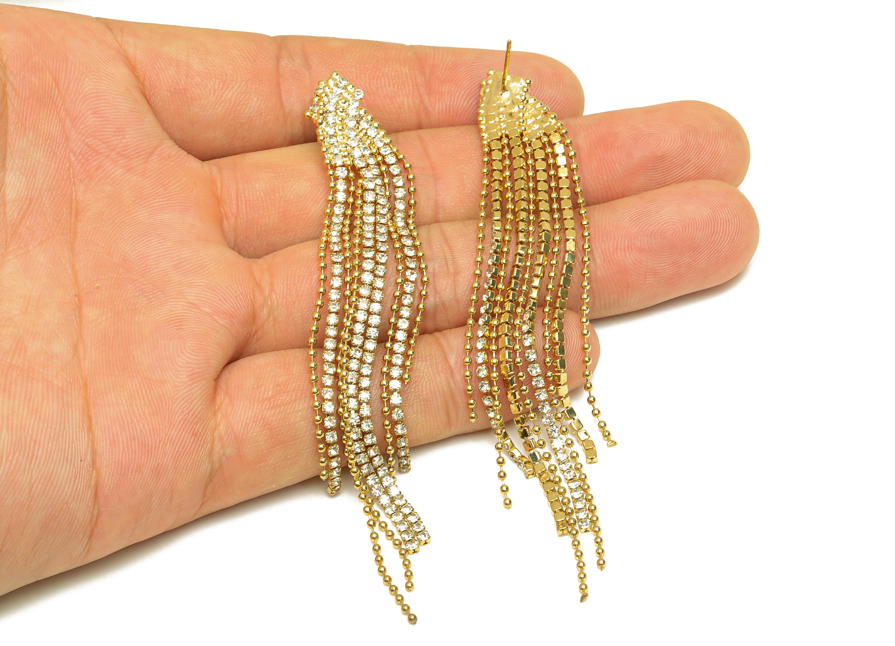 Brass Beads Chain Earring - Gold Square Beads Chain Tassel Ear Stud - Zircon Chain Tassel Ear Post - 18K Real Gold Plating - 95mm - RGP7707 - DOMEDBAZAAR