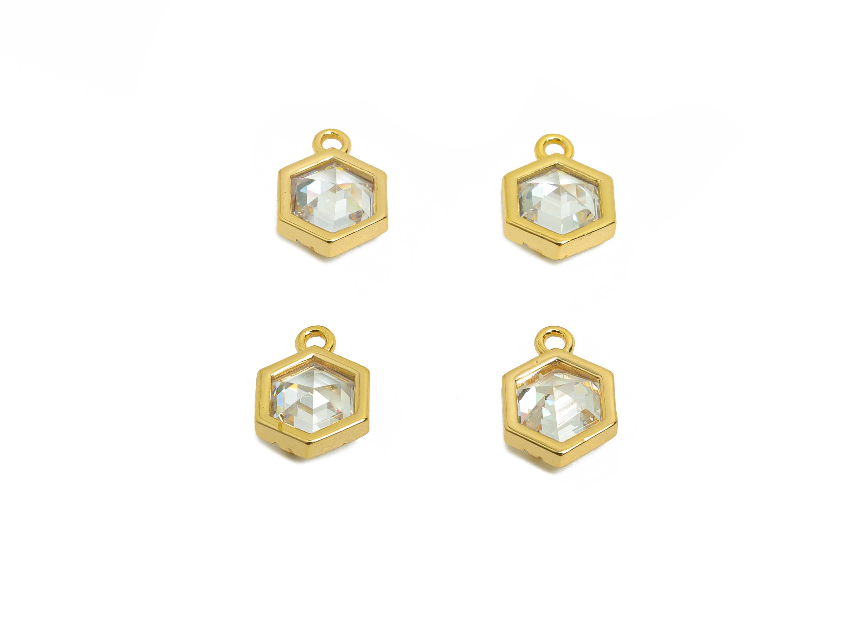 Brass CZ Hexagon Earring Charm - Brass CZ Beaded - Cubic Zircon Earring Charm - Bracelet Bead- 18K Real Gold Plated - 8.8x6.2x3mm - RGP8404 - DOMEDBAZAAR