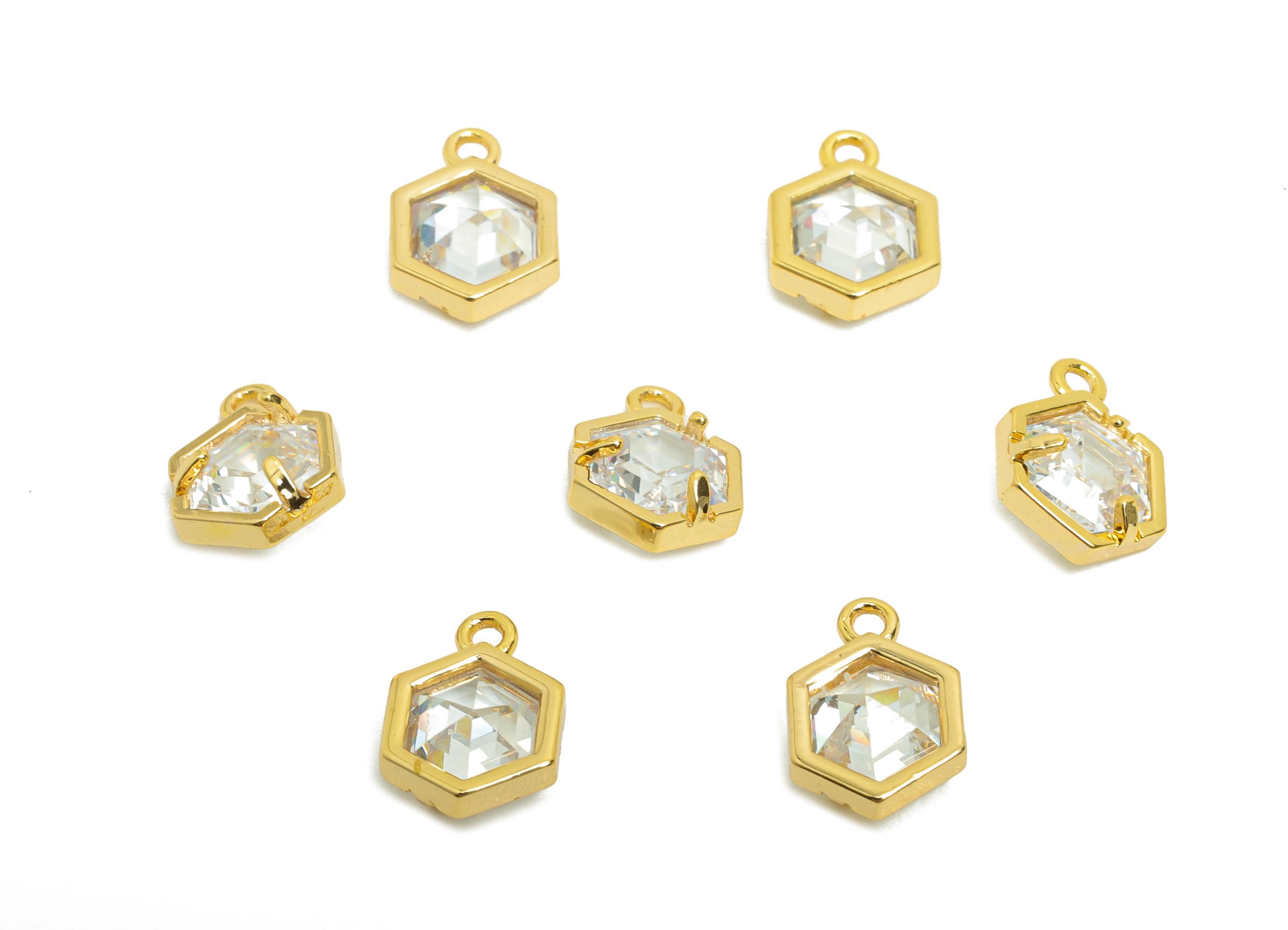 Brass CZ Hexagon Earring Charm - Brass CZ Beaded - Cubic Zircon Earring Charm - Bracelet Bead- 18K Real Gold Plated - 8.8x6.2x3mm - RGP8404 - DOMEDBAZAAR