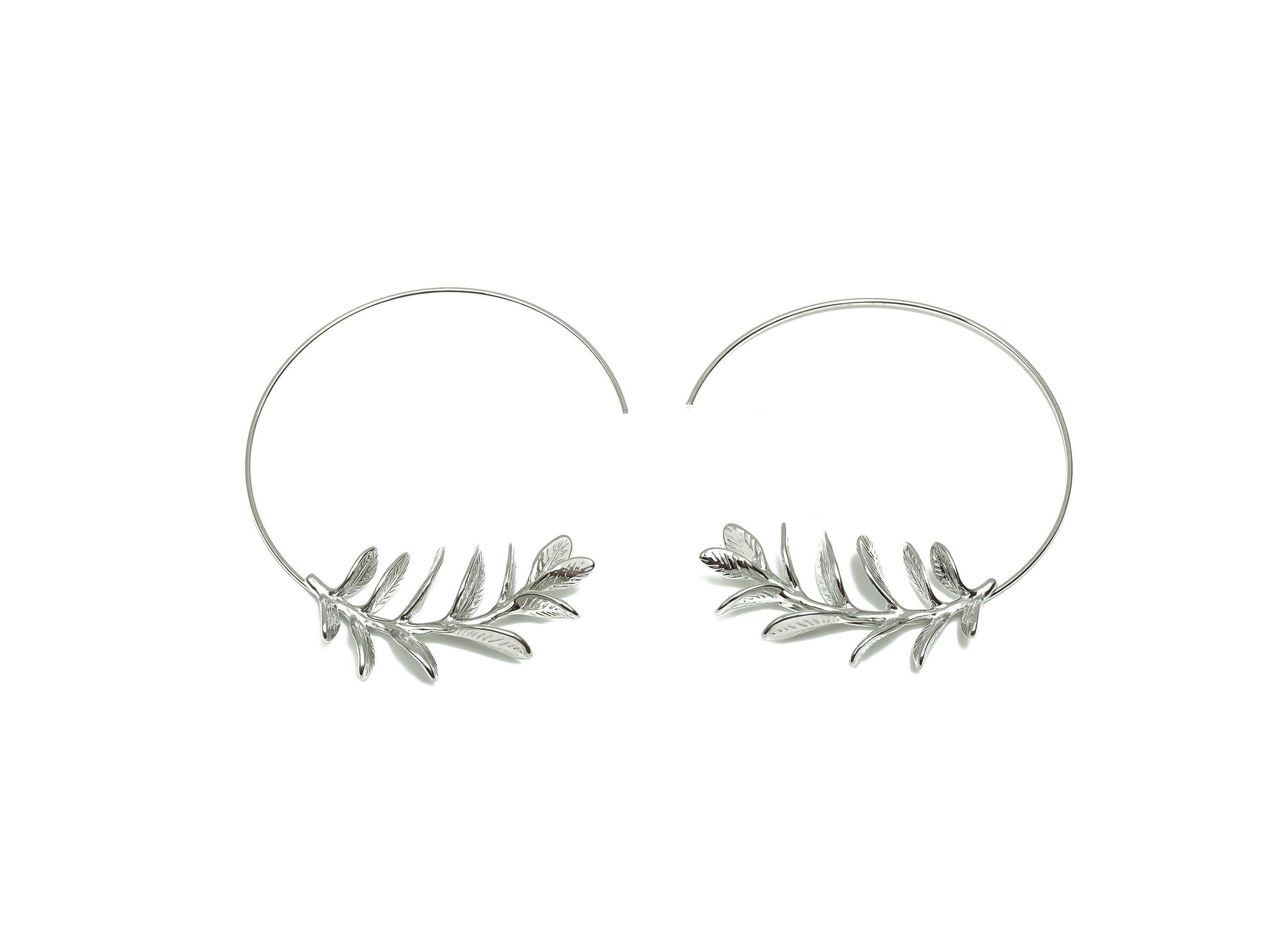 Brass Leaf Earring Wire - Open Round Woman&#39;s Earring Hook - Textured Circle Earring Wire - 18K Real White Gold Plating-58x55x5.3mm - RGP8269 - DOMEDBAZAAR