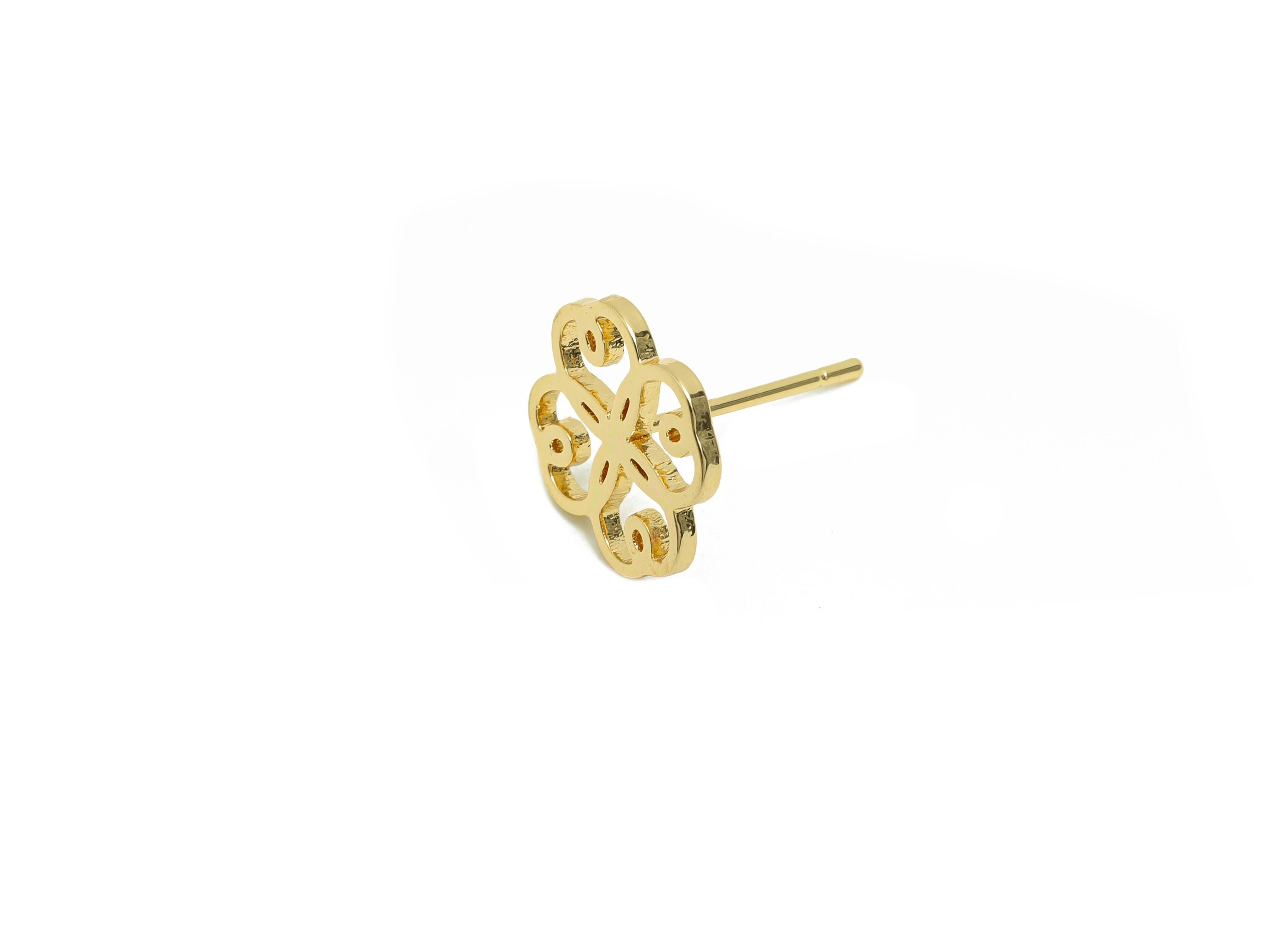 Brass Flower Earring Stud - Hollow Heart Earring for Girl&#39;s - Gold Flower Earring Post - 18K Real Gold Plating - 13.7x11x1.56mm - RGP8412 - DOMEDBAZAAR