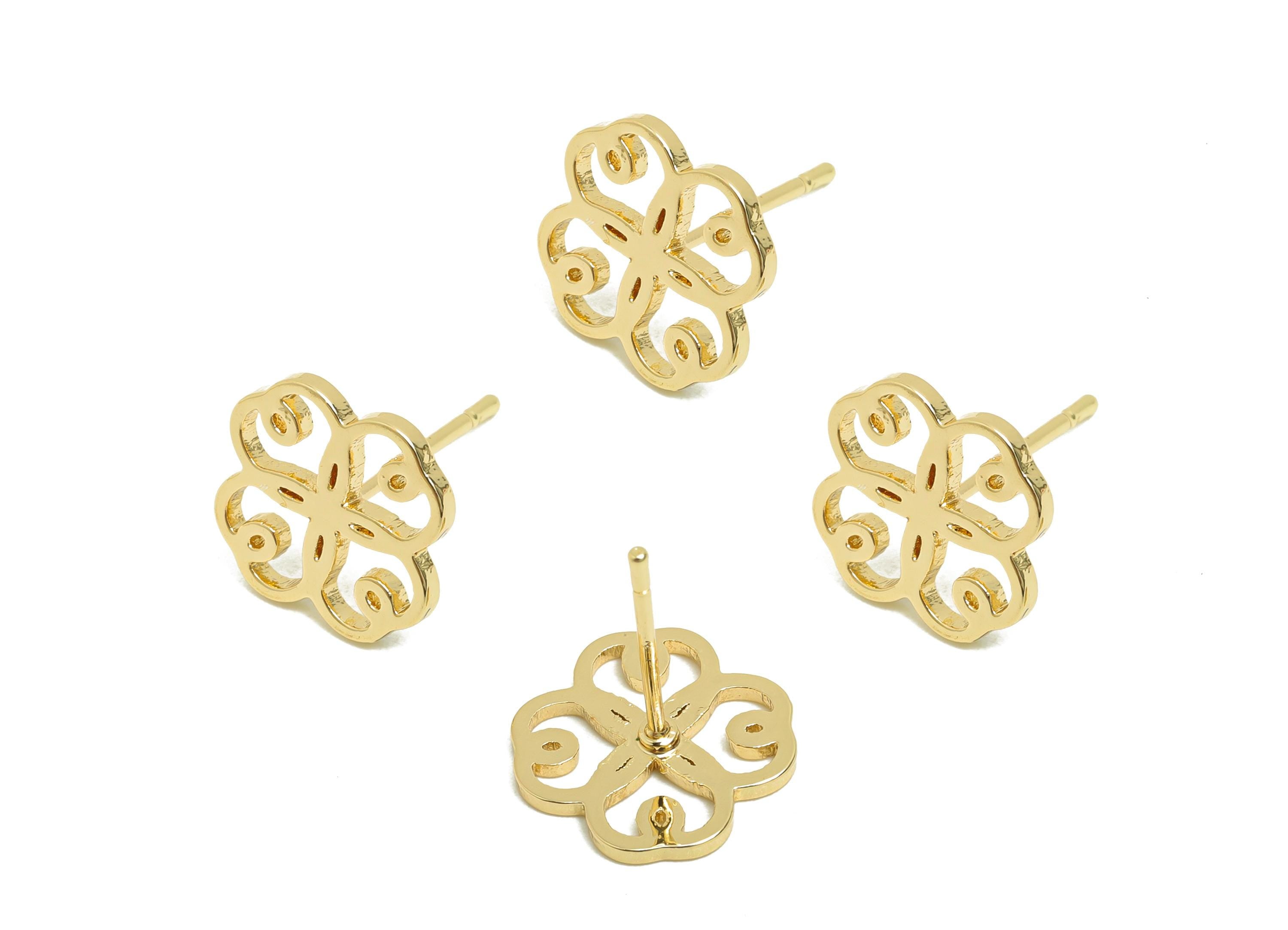Brass Flower Earring Stud - Hollow Heart Earring for Girl&#39;s - Gold Flower Earring Post - 18K Real Gold Plating - 13.7x11x1.56mm - RGP8412 - DOMEDBAZAAR