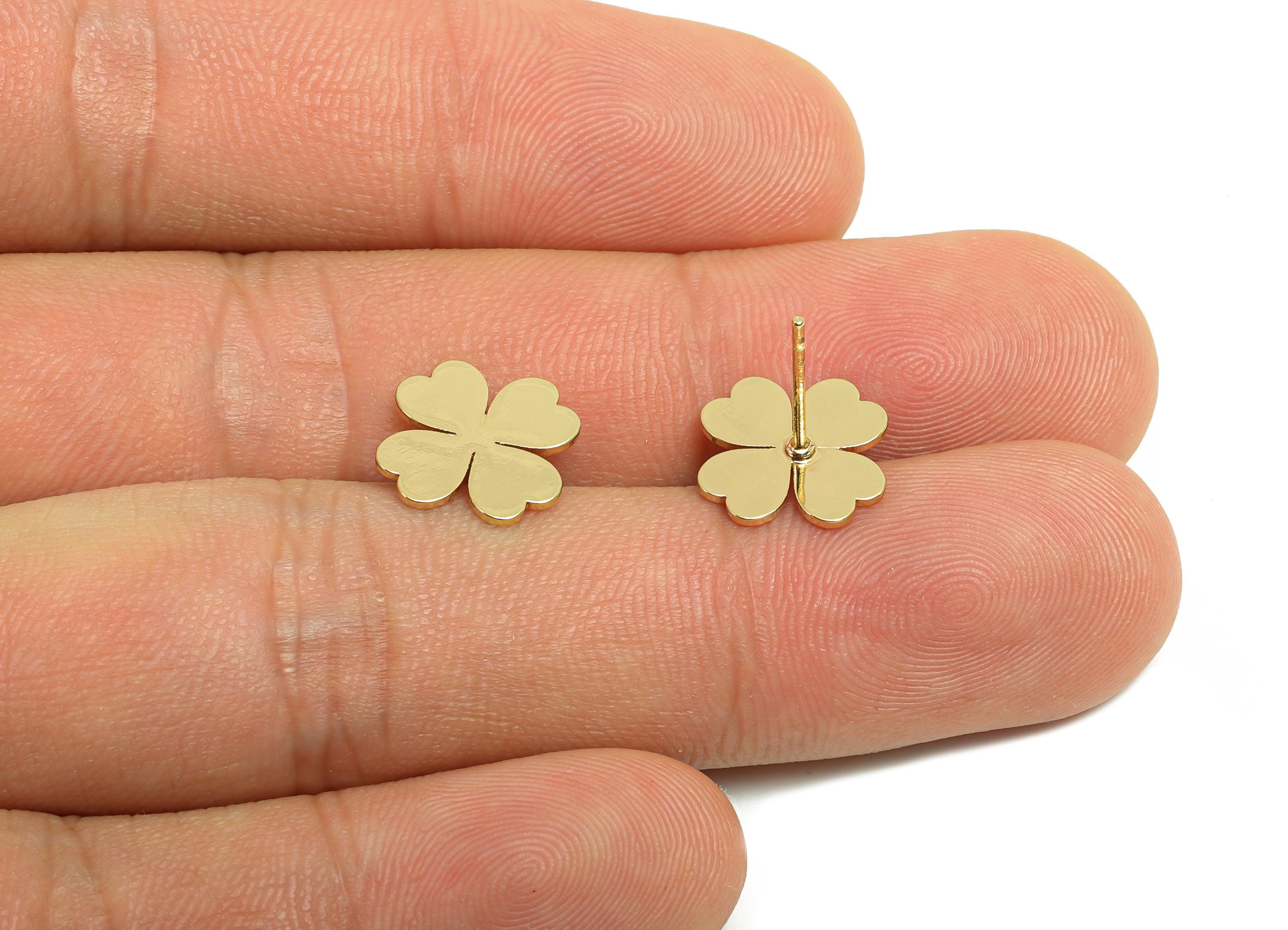 Brass Flower Earring Stud - Four Leaf Clover Earring for Girl&#39;s - Gold Heart Earring Post - 18K Real Gold Plating - 13.1x11.9x0.7mm- RGP8414 - DOMEDBAZAAR