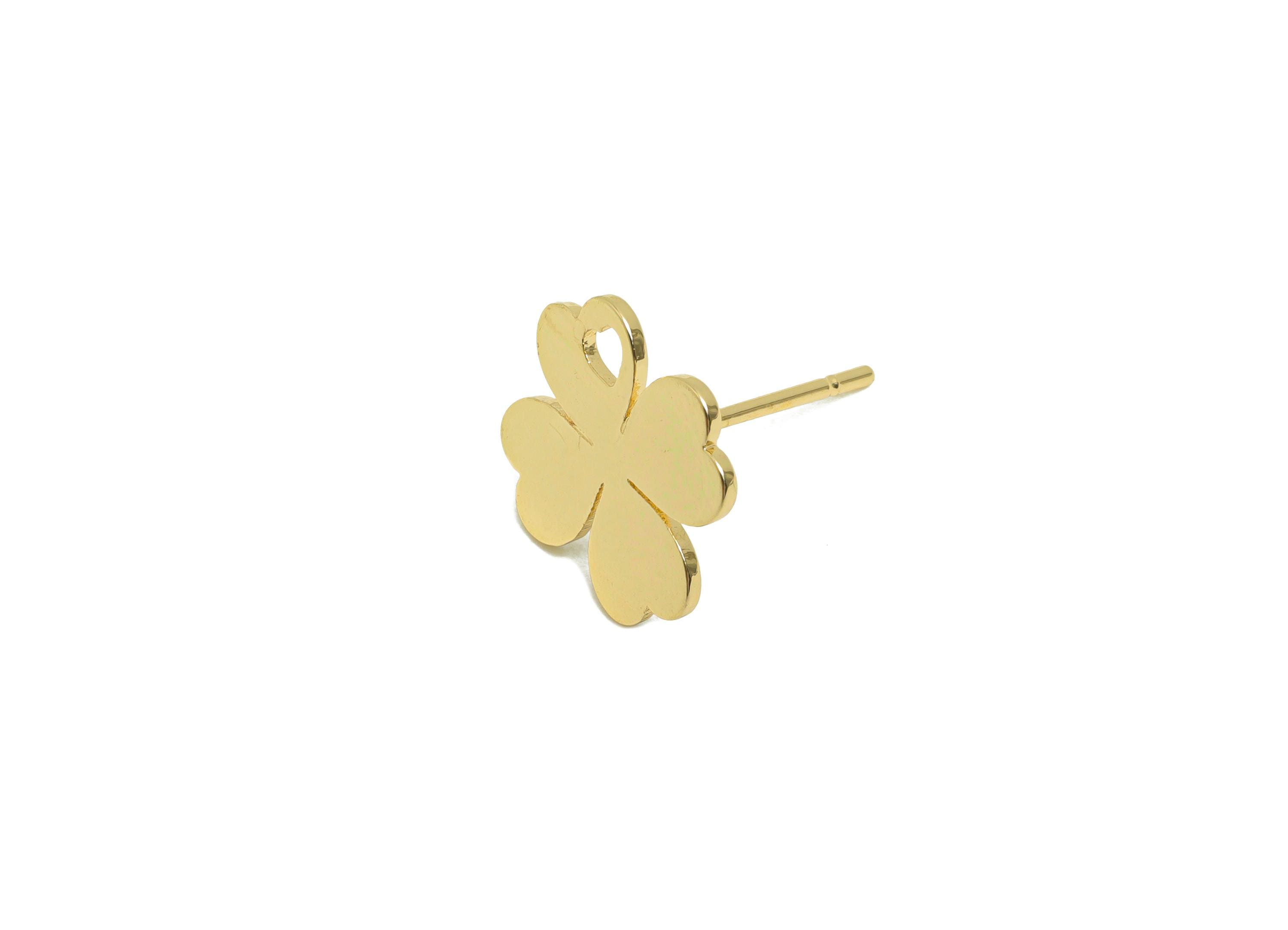 Brass Flower Earring Stud - Four Leaf Clover Earring for Girl&#39;s - Gold Heart Earring Post - 18K Real Gold Plating - 13.1x11x0.7mm - RGP8415 - DOMEDBAZAAR