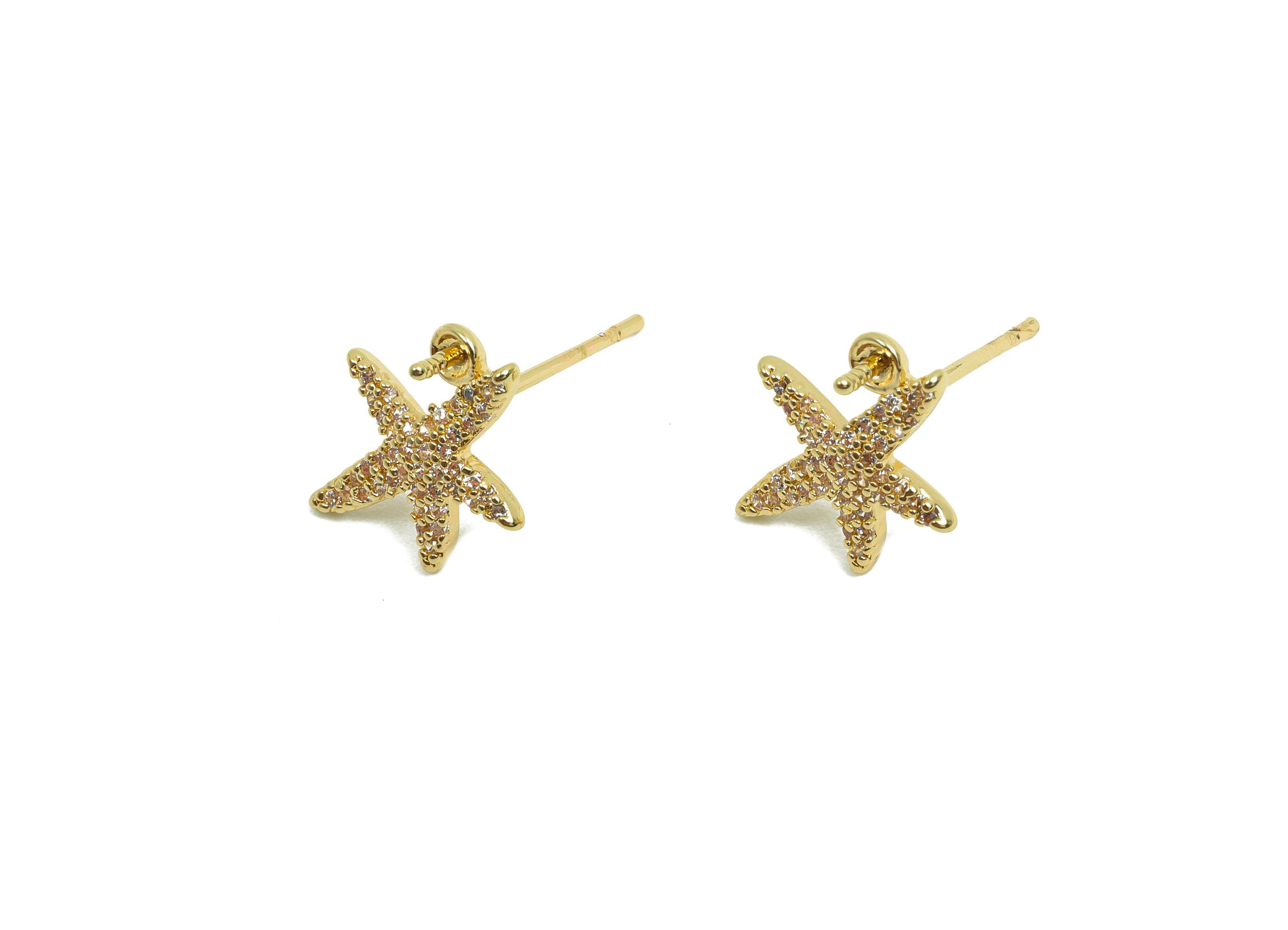 Brass Starfish Earring Stud - Zircon Earring for Girl&#39;s - Gold CZ Earring Post for Party Day - 18K Real Gold Plating- 13x10.8x2.7mm- RGP8417 - DOMEDBAZAAR