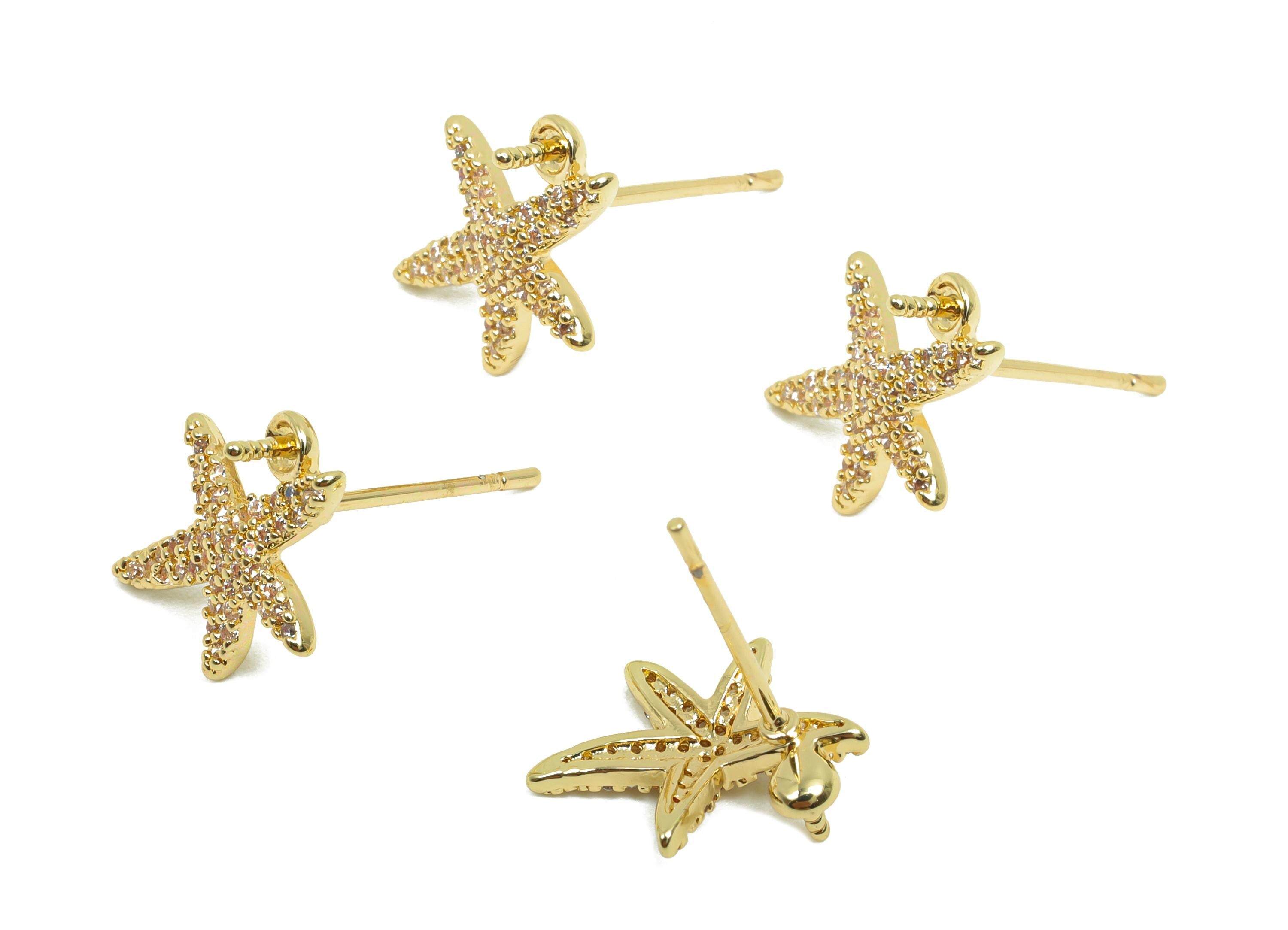 Brass Starfish Earring Stud - Zircon Earring for Girl&#39;s - Gold CZ Earring Post for Party Day - 18K Real Gold Plating- 13x10.8x2.7mm- RGP8417 - DOMEDBAZAAR