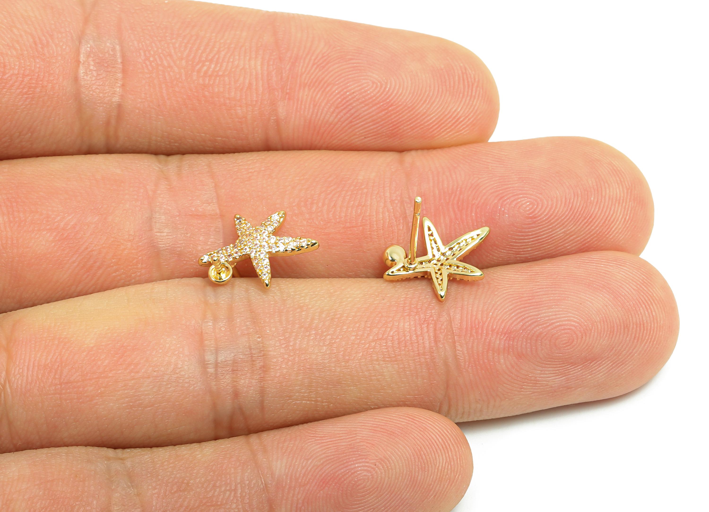 Brass Starfish Earring Stud - Zircon Earring for Girl&#39;s - Gold CZ Earring Post for Party Day - 18K Real Gold Plating- 13x10.8x2.7mm- RGP8417 - DOMEDBAZAAR