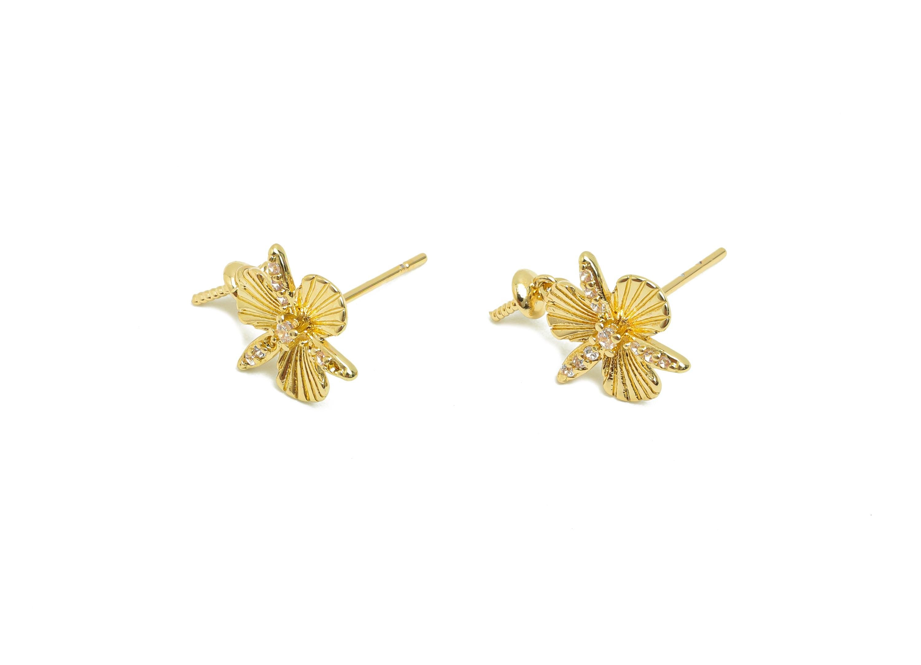 Brass Flower Ear Stud - Textured Earring Setting for Girl&#39;s - Gold Zircon Earring for Party - 18K Real Gold Plating-17.4x11.6x3.5mm- RGP8418 - DOMEDBAZAAR