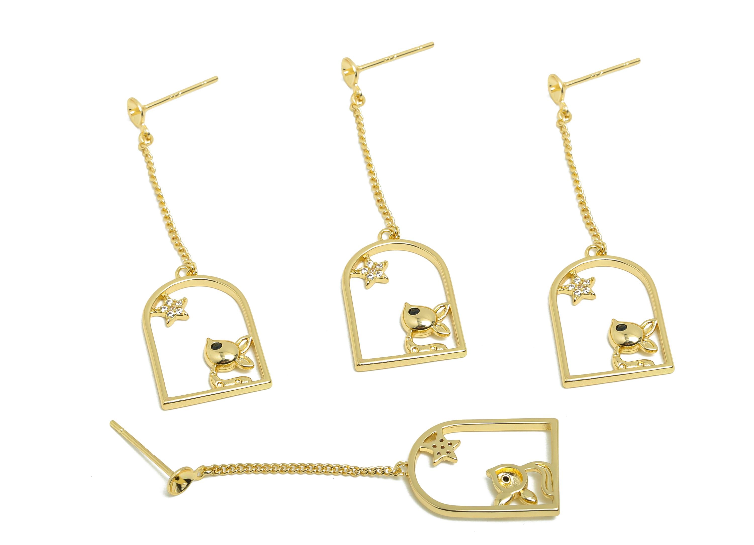 Brass Dangle Earring Setting - Gold Star Rabbit Earring for Girl&#39;s - CZ Dangle Chian Ear - 18K Real Gold Plated - 46.2x13.7x2.3mm - RGP8419 - DOMEDBAZAAR