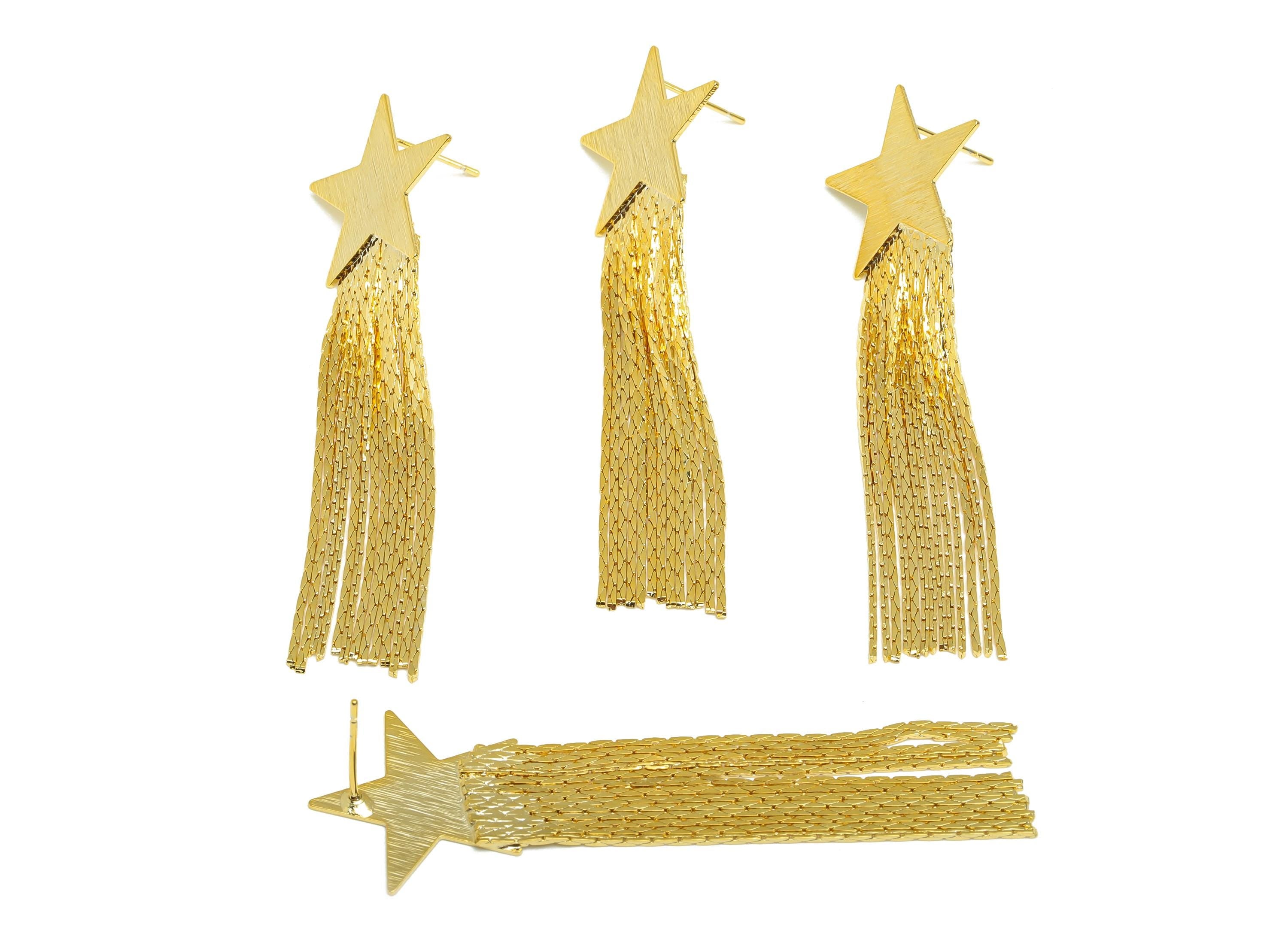 Brass Snake Chain Earring - Gold Star Chain Tassel Earring Stud - Textured Snake Chain Earring Post - 18K Real Gold Plating - 63mm - RGP7709 - DOMEDBAZAAR
