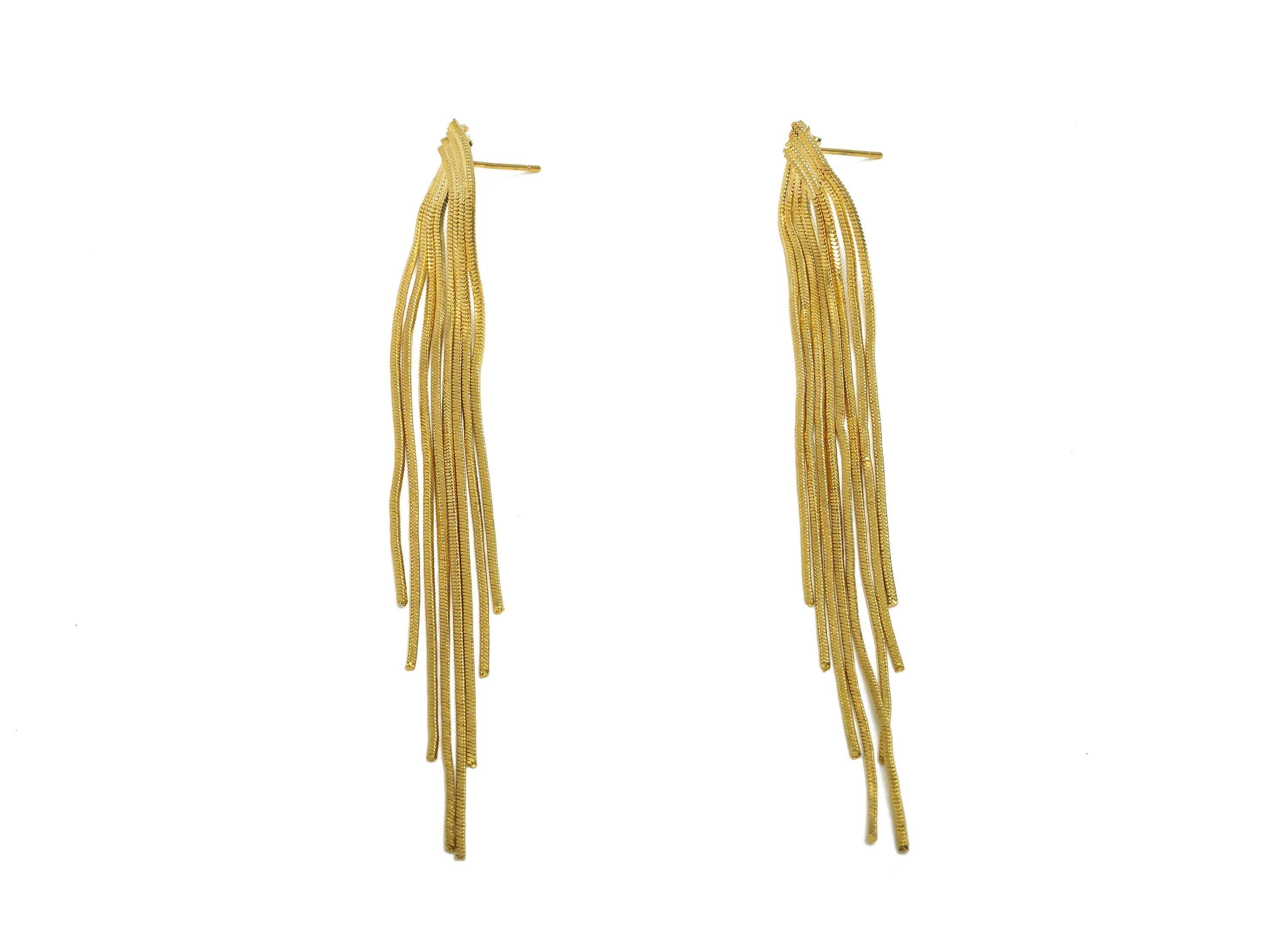 Brass Snake Chain Earring - Gold Long Chain Tassel Earring Stud - Snake Chain Tassel Earring Post - 18K Real Gold Plating - 90mm - RGP7710 - DOMEDBAZAAR