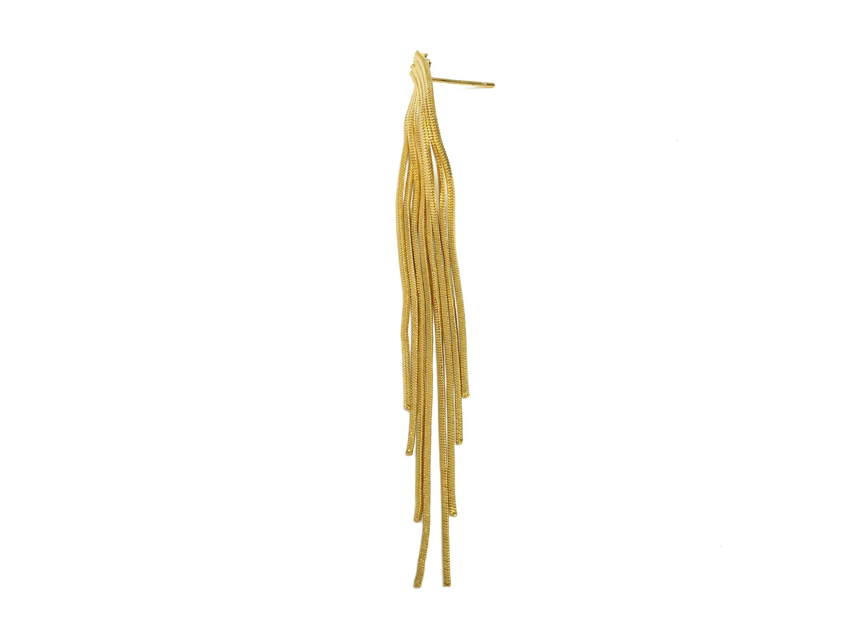 Brass Snake Chain Earring - Gold Long Chain Tassel Earring Stud - Snake Chain Tassel Earring Post - 18K Real Gold Plating - 90mm - RGP7710 - DOMEDBAZAAR