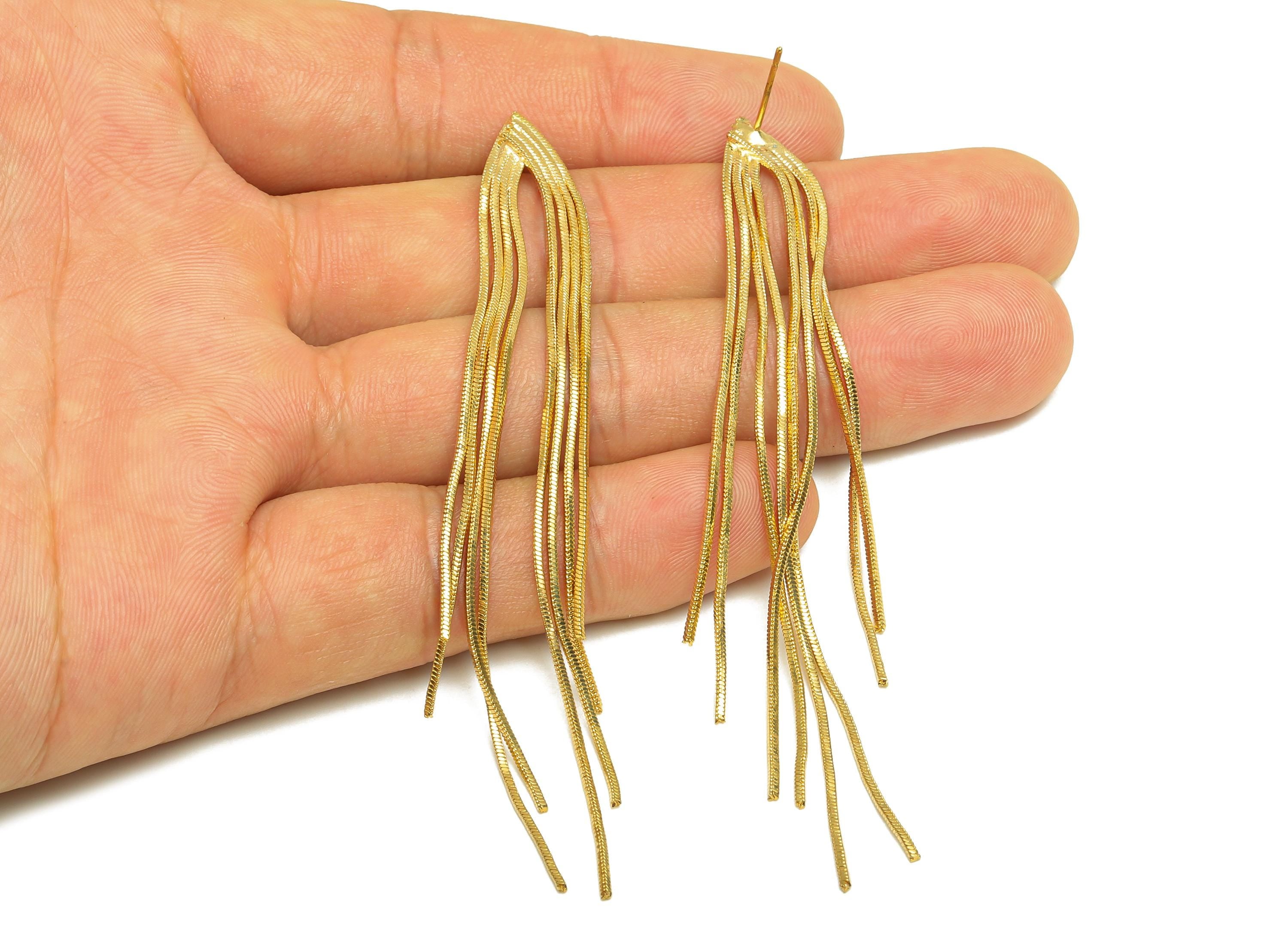 Brass Snake Chain Earring - Gold Long Chain Tassel Earring Stud - Snake Chain Tassel Earring Post - 18K Real Gold Plating - 90mm - RGP7710 - DOMEDBAZAAR