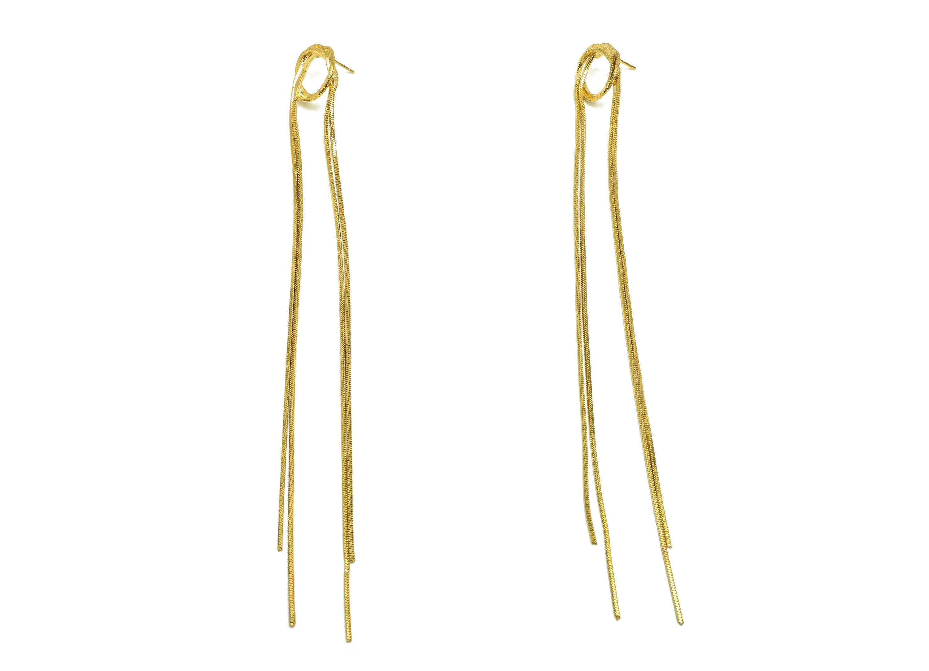 Brass Snake Chain Earring - Gold Circle Long Chain Earring Stud - Snake Chain Tassel Earring Post - 18K Real Gold Plating - 153mm - RGP7715 - DOMEDBAZAAR