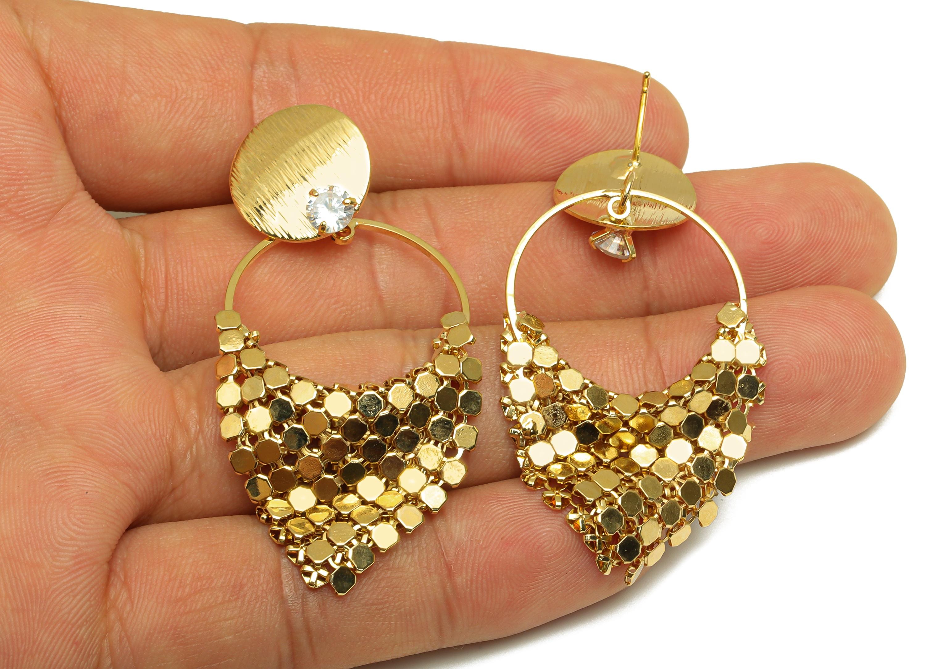 Brass Round Dangle Ear - Gold Triangle Mesh Tassel Earring Stud - Textured Zircon Dangle Earring - 18K Real Gold Plating - 55mm - RGP7720 - DOMEDBAZAAR