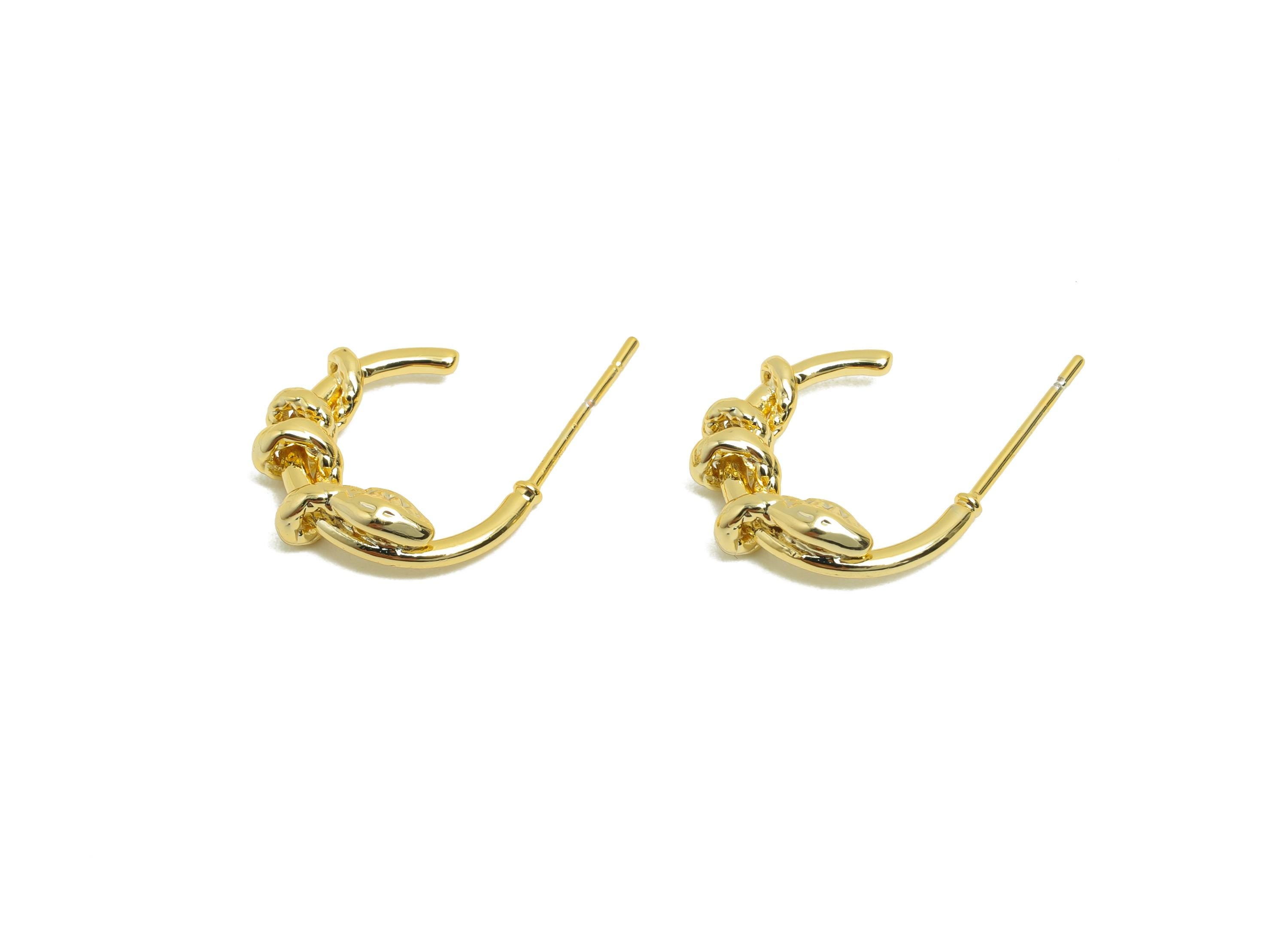 Brass C Hoop Earring Stud - Gold Hammered Snake Earring for Woman&#39;s - Snake Earring Post - 18K Real Gold Plating - 15.8x12.5x3.68mm- RGP8430 - DOMEDBAZAAR