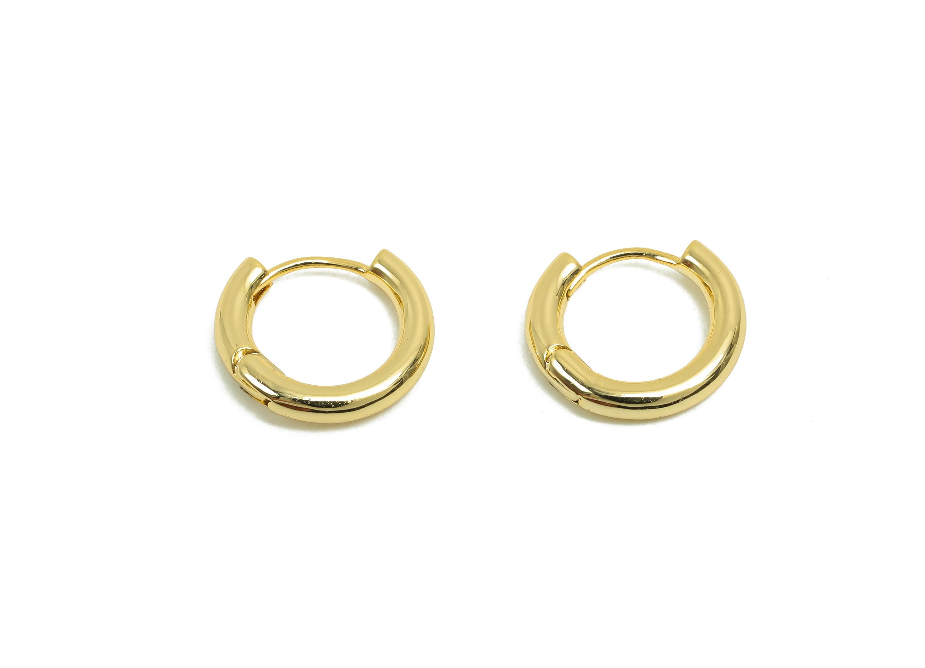 Brass Round Hoop Earring - Gold Huggie Earring for Girl&#39;s - Circle Daily Wear Earring Clasp - 18K Real Gold Plated - 14x12.2x2.4mm - RGP8440 - DOMEDBAZAAR
