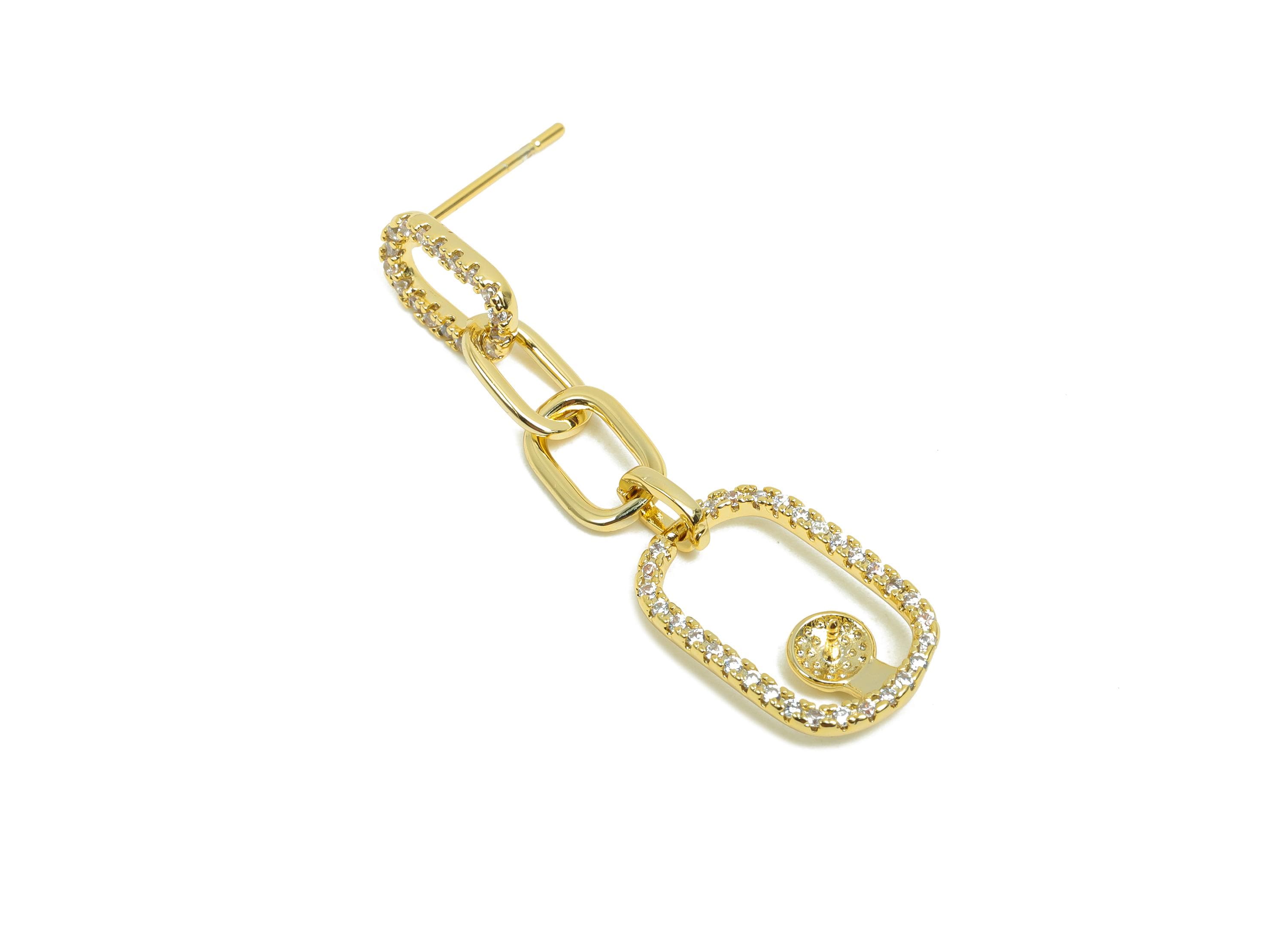 Brass Dangle Earring Setting - Gold Rectangle Chain Earring for Girl&#39;s - CZ Dangle Earring - 18K Real Gold Plated - 32x10.2x3.27mm - RGP8444 - DOMEDBAZAAR