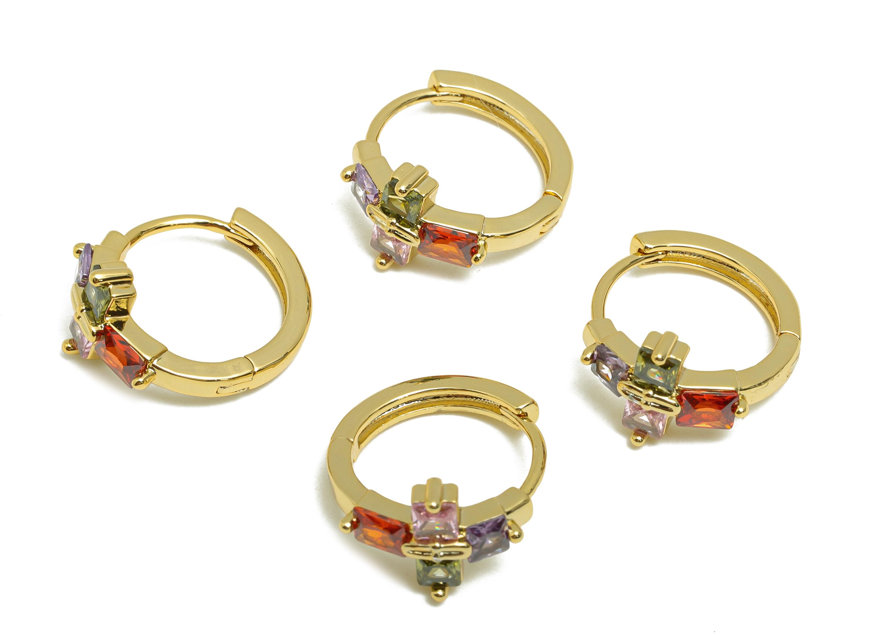 Brass CZ Hoop Earring - Brass Zircon Huggie Earring - Rainbow CZ Hoop Clasp - Gold Jewelry - 18K Real Gold Plated - 16.9x15x8.9mm - RGP8623 - DOMEDBAZAAR