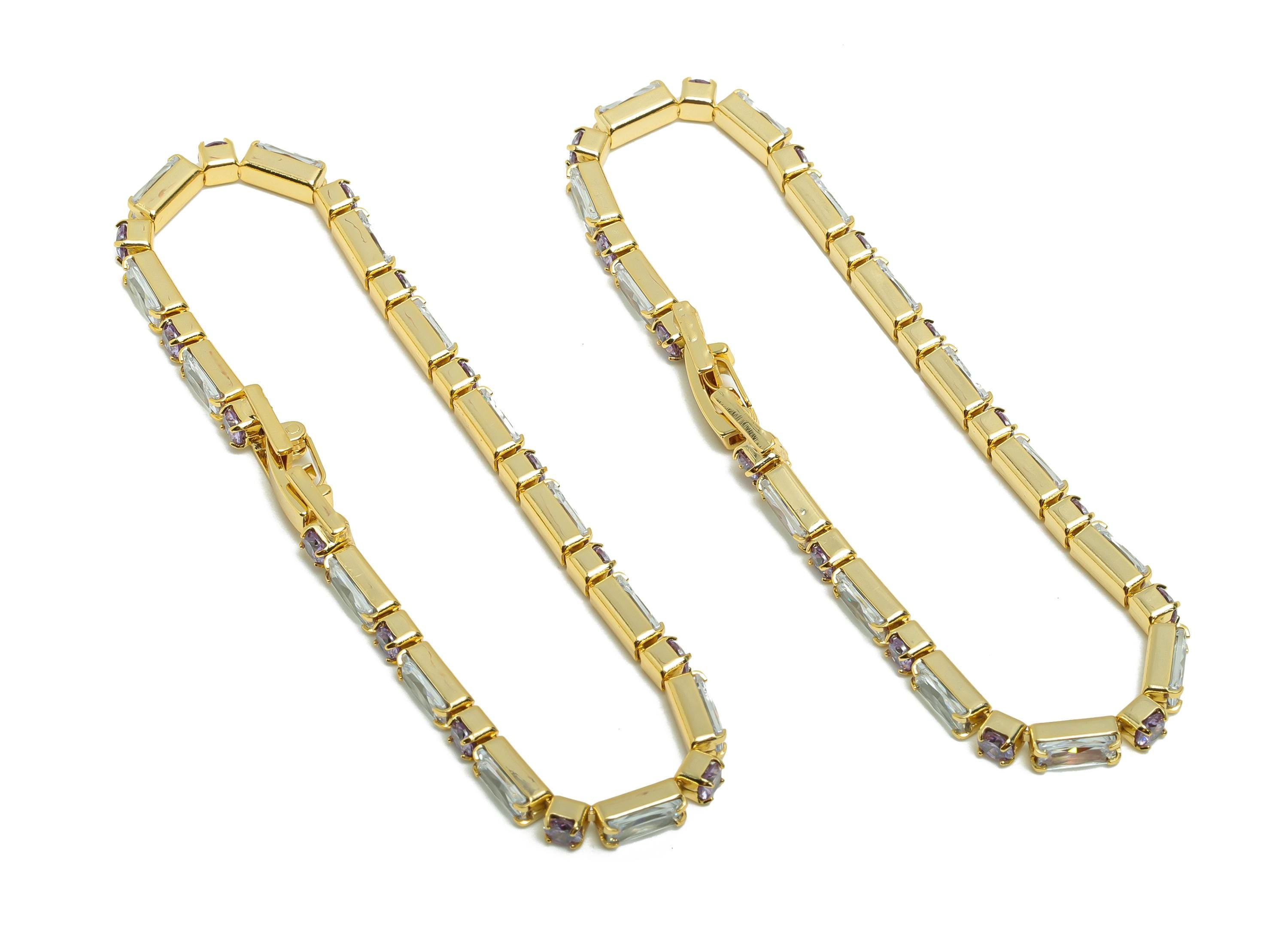 17cm Rectangular Zircon Chain Bracelet - White Purple 3*6mm+3mm Zircon Bracelet - CZ Bracelet  - 18K Real Gold Plated - RGP8632-17 - DOMEDBAZAAR