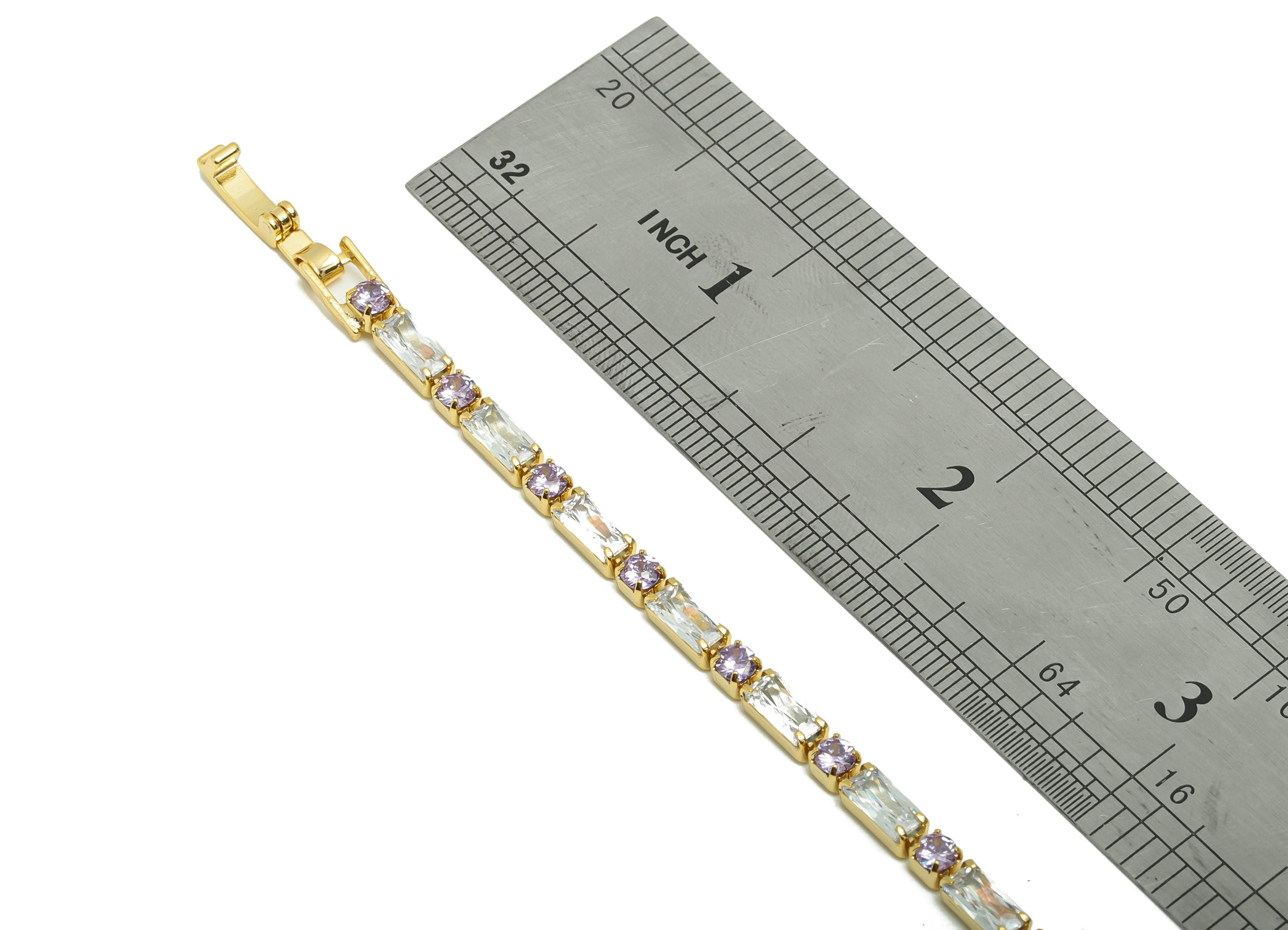 17cm Rectangular Zircon Chain Bracelet - White Purple 3*6mm+3mm Zircon Bracelet - CZ Bracelet  - 18K Real Gold Plated - RGP8632-17 - DOMEDBAZAAR