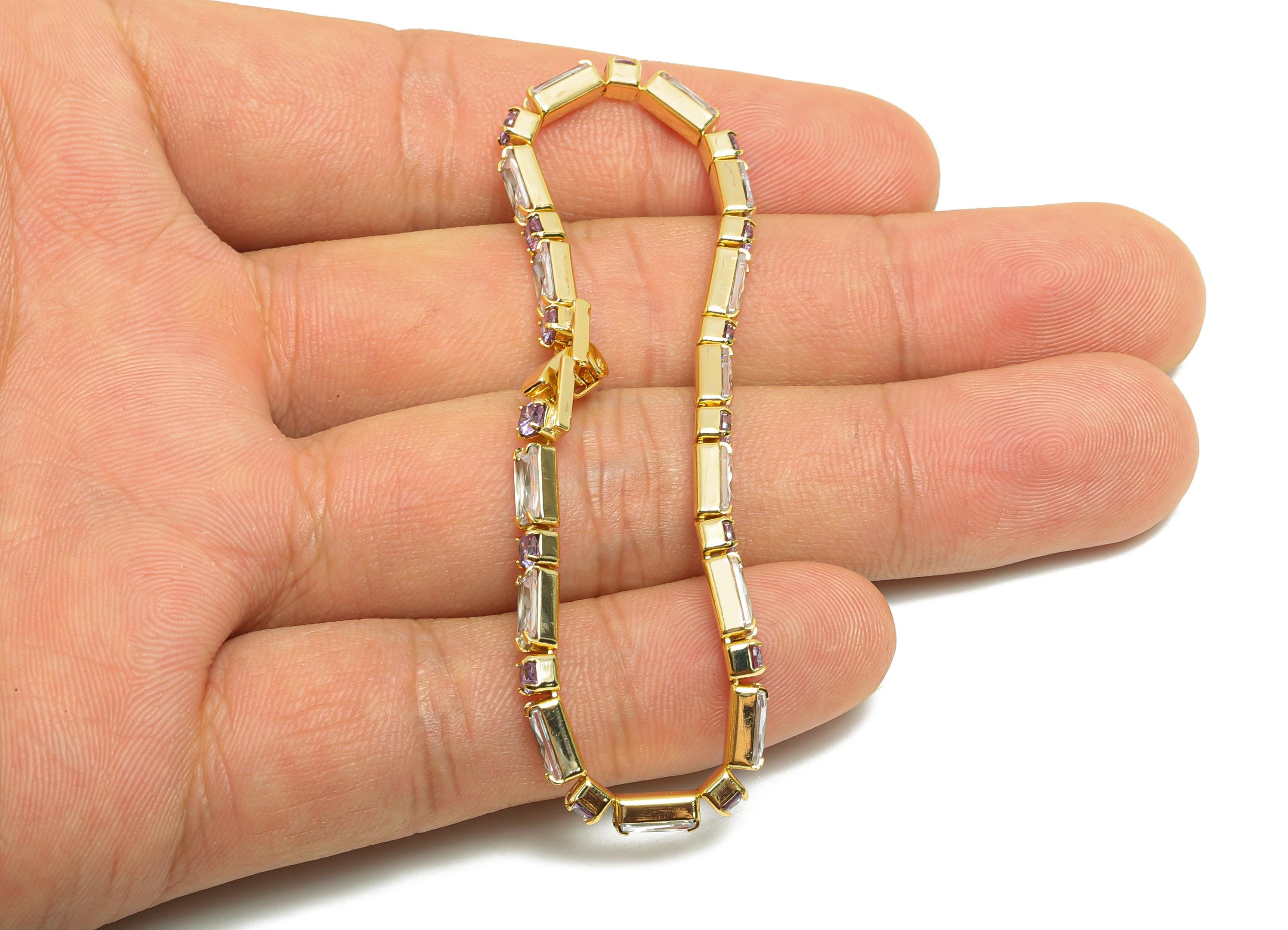 17cm Rectangular Zircon Chain Bracelet - White Purple 3*6mm+3mm Zircon Bracelet - CZ Bracelet  - 18K Real Gold Plated - RGP8632-17 - DOMEDBAZAAR