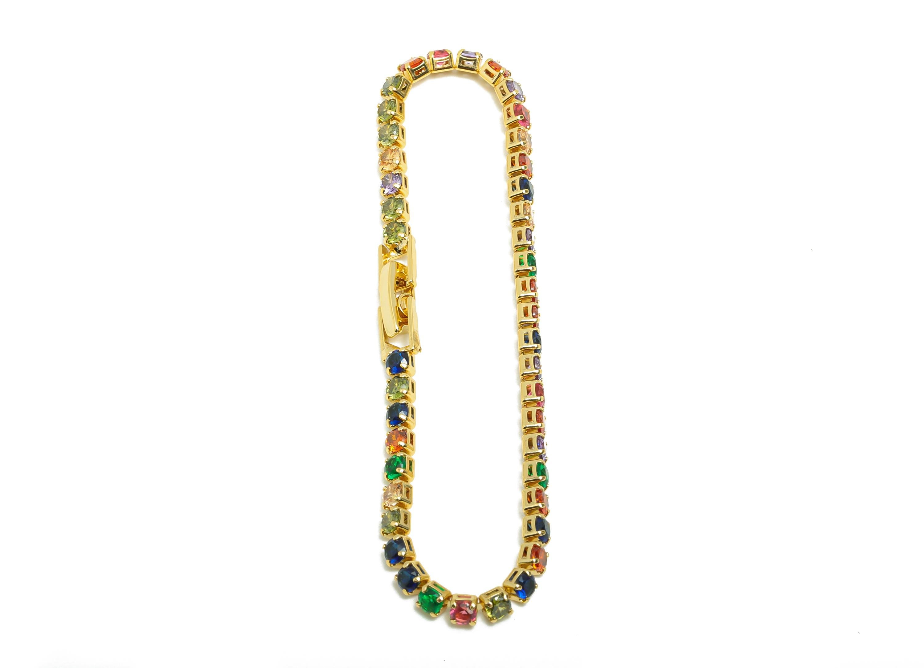 17cm Round Zircon Chain Bracelet - Mix Color 3mm Cubic Zircon Bracelet - Rainbow CZ Brass Bracelet  - 18K Real Gold Plating - RGP8627-17 - DOMEDBAZAAR