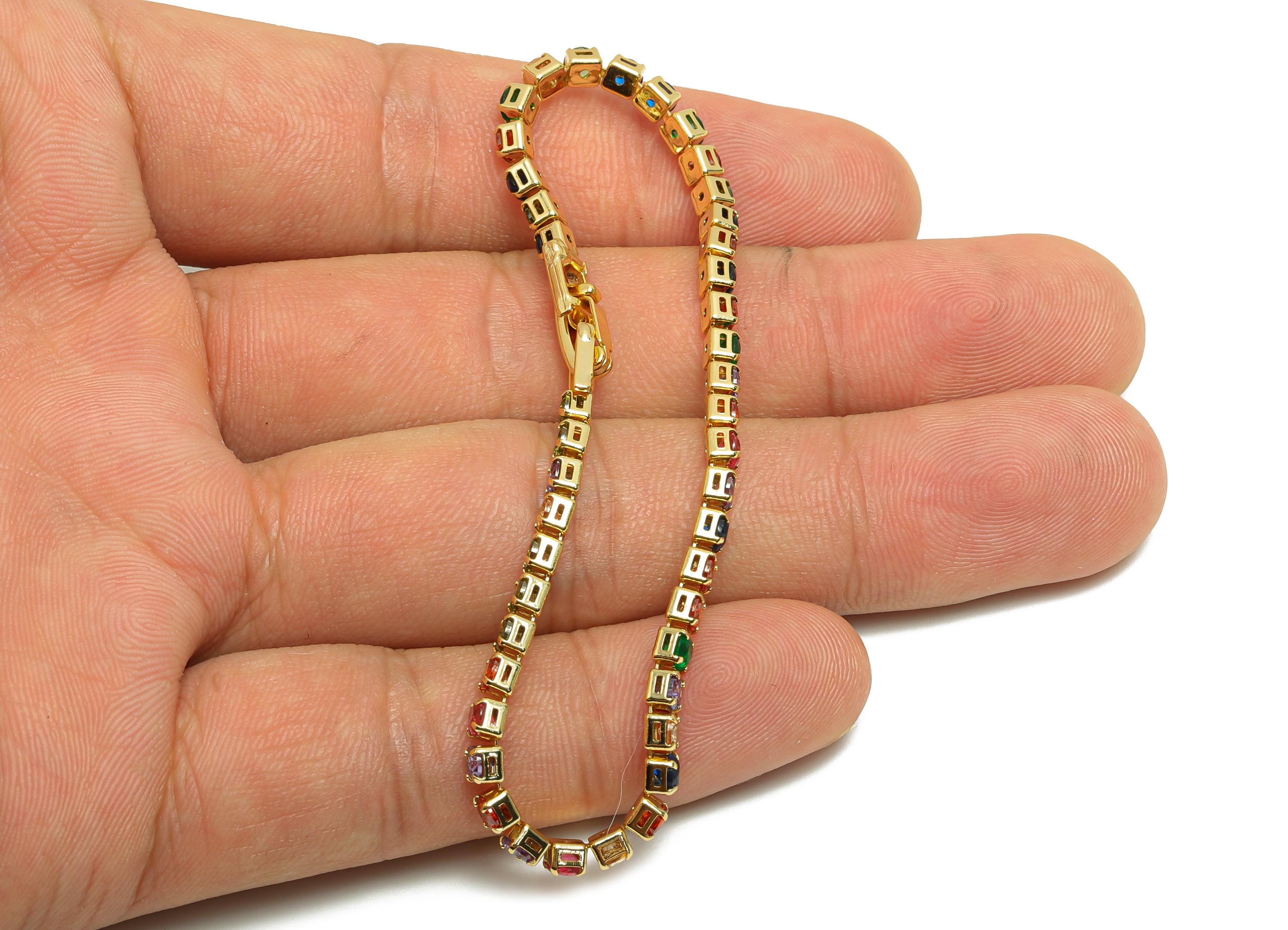 17cm Round Zircon Chain Bracelet - Mix Color 3mm Cubic Zircon Bracelet - Rainbow CZ Brass Bracelet  - 18K Real Gold Plating - RGP8627-17 - DOMEDBAZAAR