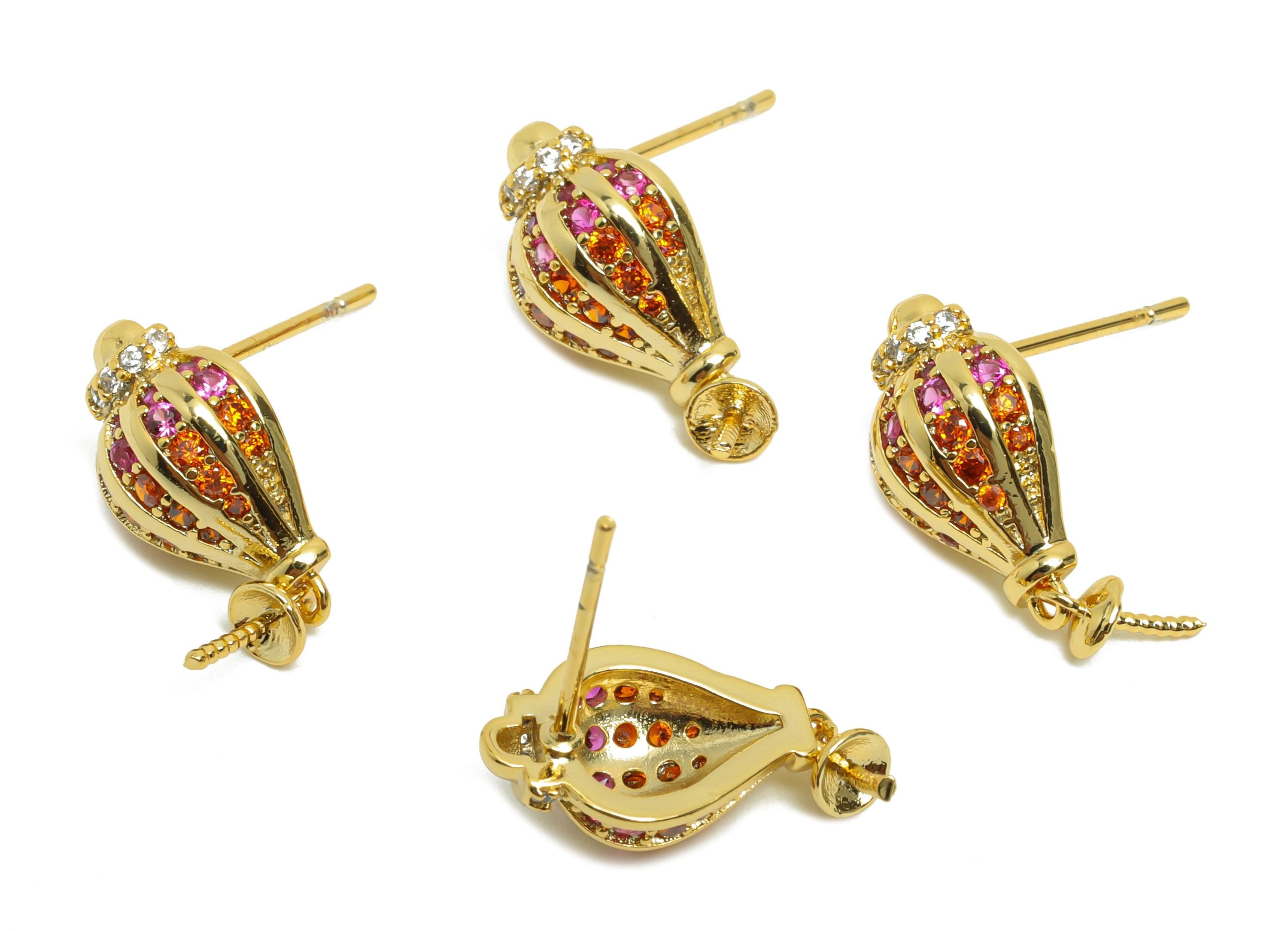 Brass Hot Air Balloon Ear - Zircon Earring Setting for Girl&#39;s - Gold Earring Stud for Party - 18K Real Gold Plating -18.2x8.4x5.6mm- RGP8491 - DOMEDBAZAAR