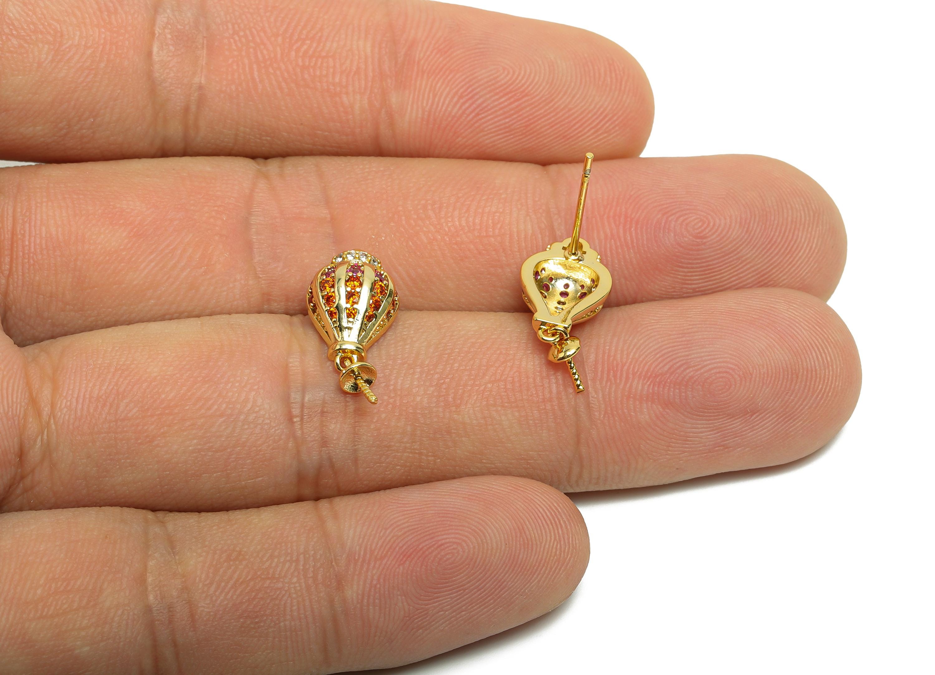 Brass Hot Air Balloon Ear - Zircon Earring Setting for Girl&#39;s - Gold Earring Stud for Party - 18K Real Gold Plating -18.2x8.4x5.6mm- RGP8491 - DOMEDBAZAAR