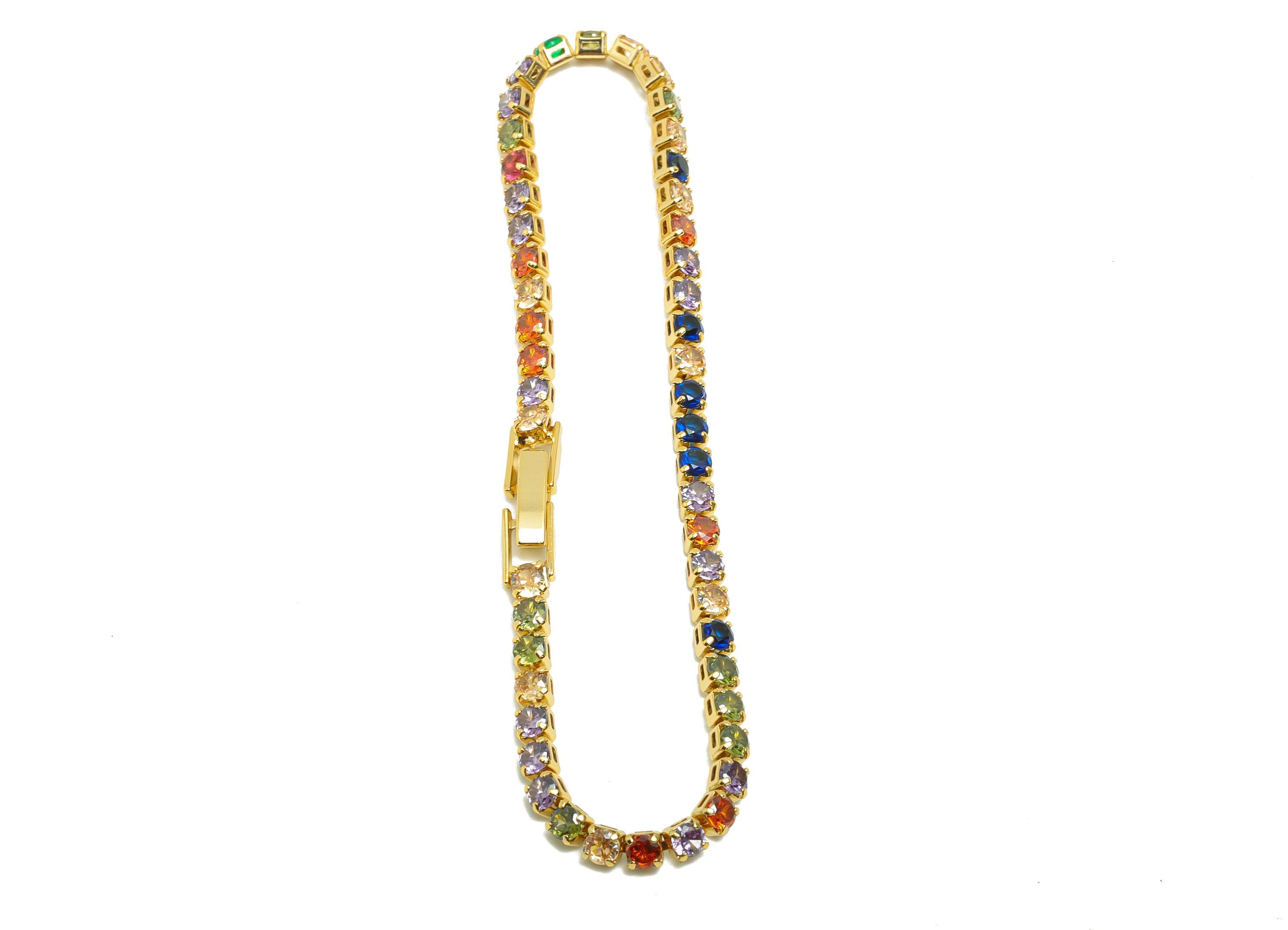 19cm Round Zircon Chain Bracelet - Mix Color 3mm Cubic Zircon Bracelet - Rainbow CZ Brass Bracelet  - 18K Real Gold Plating - RGP8627-19 - DOMEDBAZAAR
