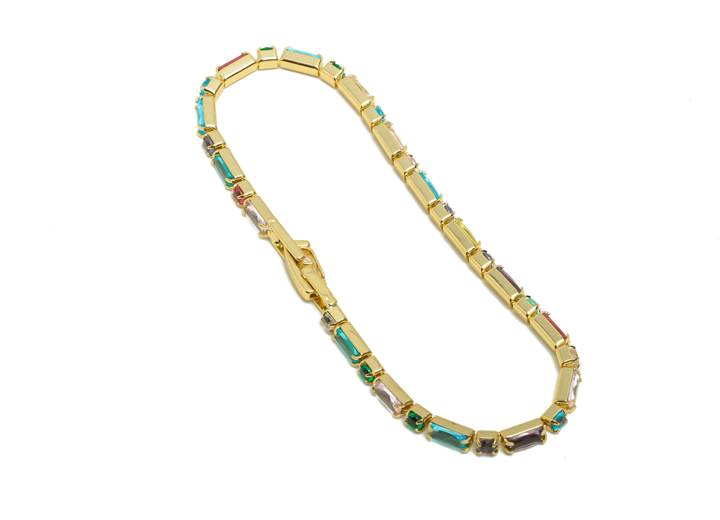 17cm Rectangular Chain Bracelet - Mix Color 2.5*5mm+2.5mm Bracelet - Zircon Rainbow CZ brass Bracelet - 18K Real Gold Plating - RGP8629-17 - DOMEDBAZAAR