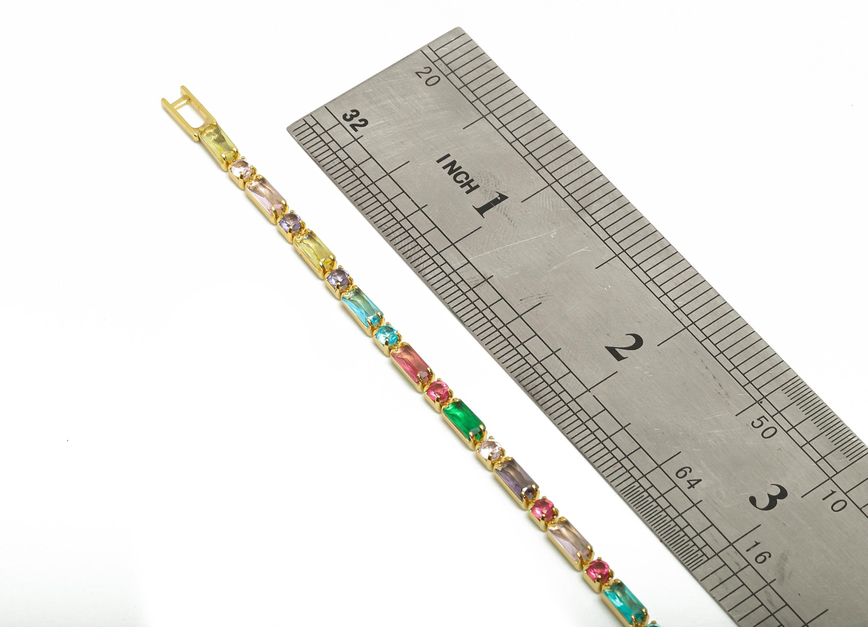 17cm Rectangular Chain Bracelet - Mix Color 2.5*5mm+2.5mm Bracelet - Zircon Rainbow CZ brass Bracelet - 18K Real Gold Plating - RGP8629-17 - DOMEDBAZAAR