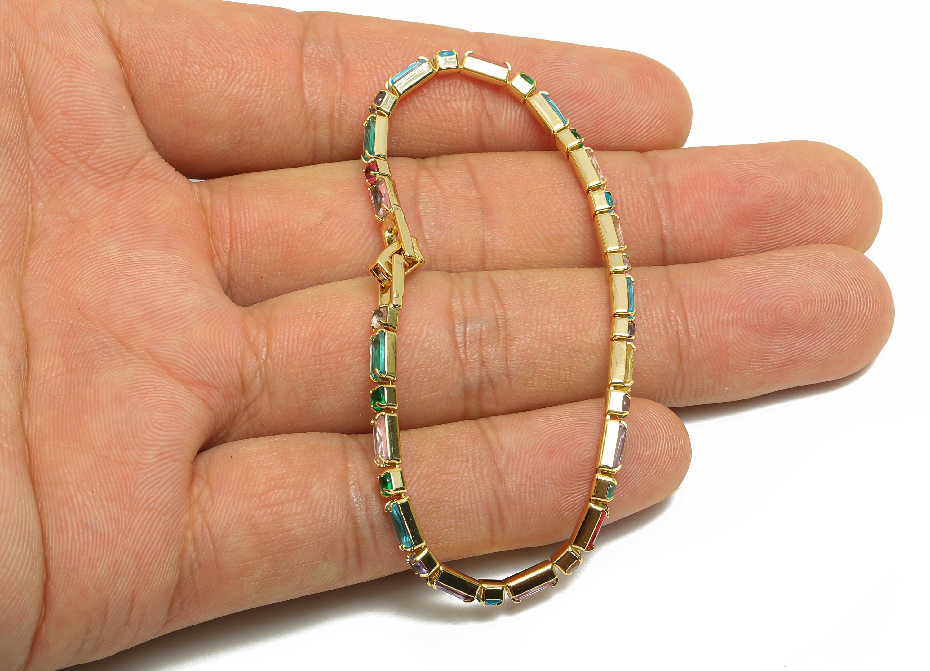 17cm Rectangular Chain Bracelet - Mix Color 2.5*5mm+2.5mm Bracelet - Zircon Rainbow CZ brass Bracelet - 18K Real Gold Plating - RGP8629-17 - DOMEDBAZAAR