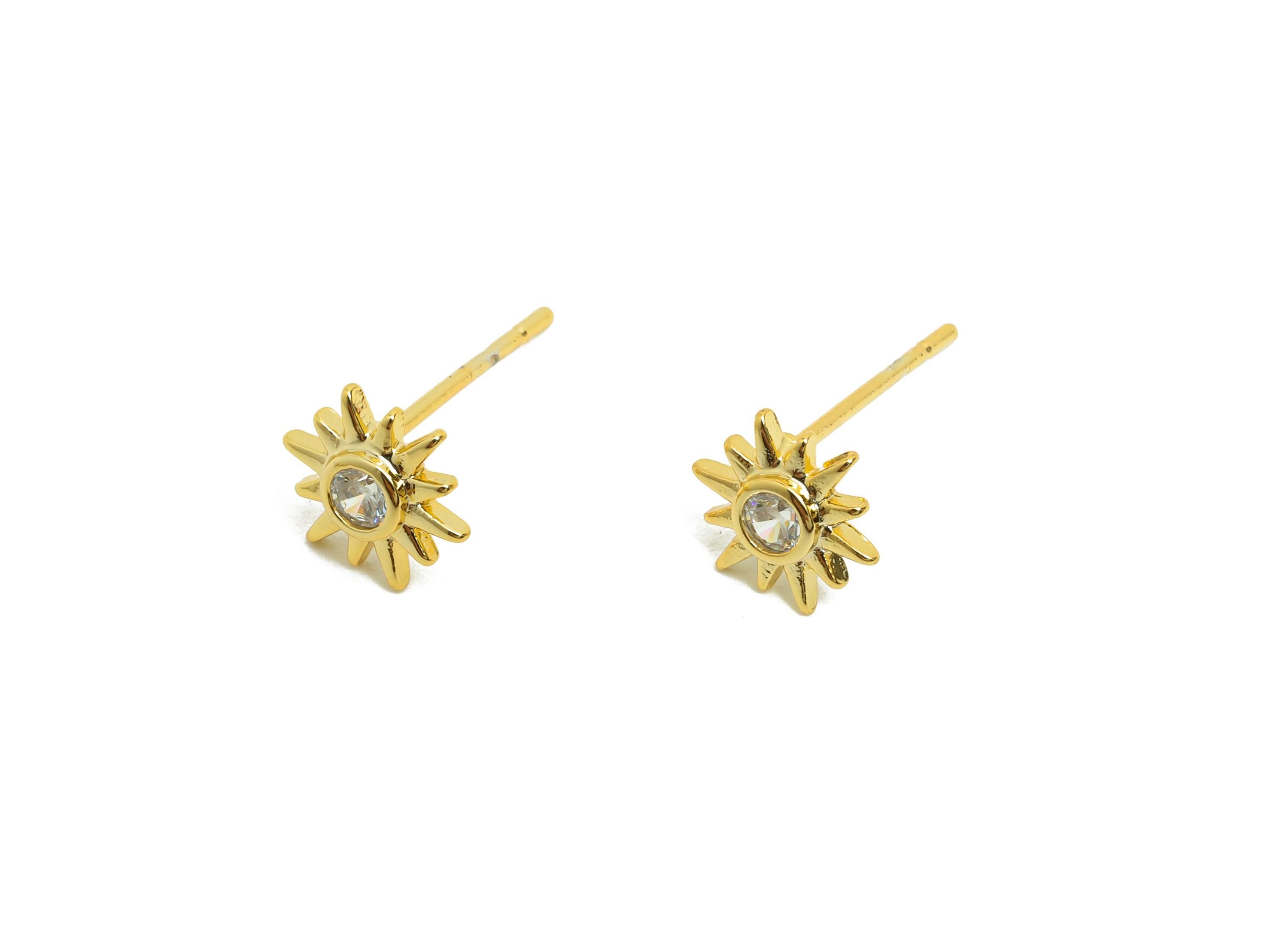 Brass Sun Earring - Gold Sunshine Earring Stud for Girl&#39;s - Zircon Tiny Party Earring Post - 18K Real Gold Plating - 7.9x6.92x3.6mm- RGP8492 - DOMEDBAZAAR