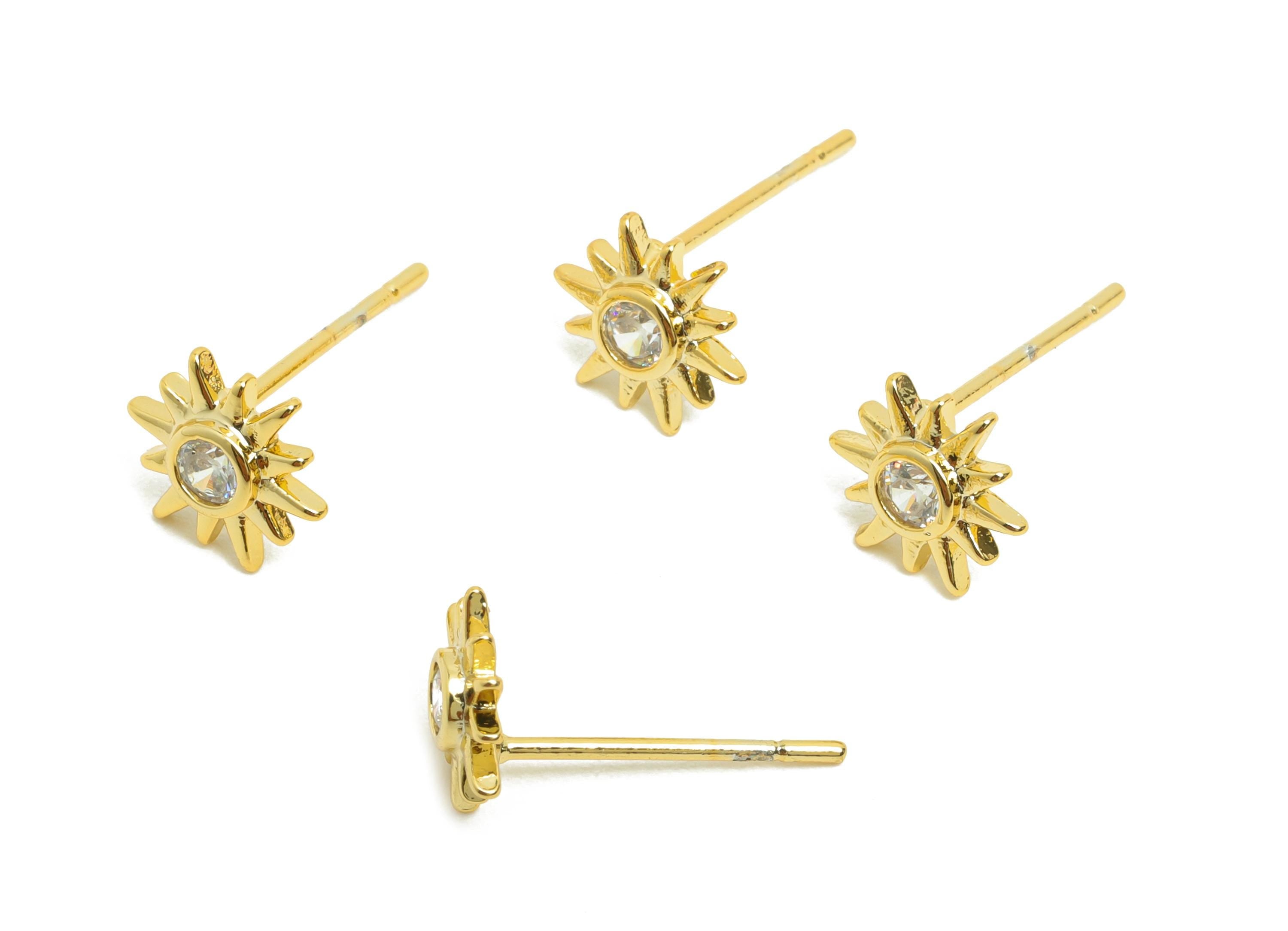 Brass Sun Earring - Gold Sunshine Earring Stud for Girl&#39;s - Zircon Tiny Party Earring Post - 18K Real Gold Plating - 7.9x6.92x3.6mm- RGP8492 - DOMEDBAZAAR
