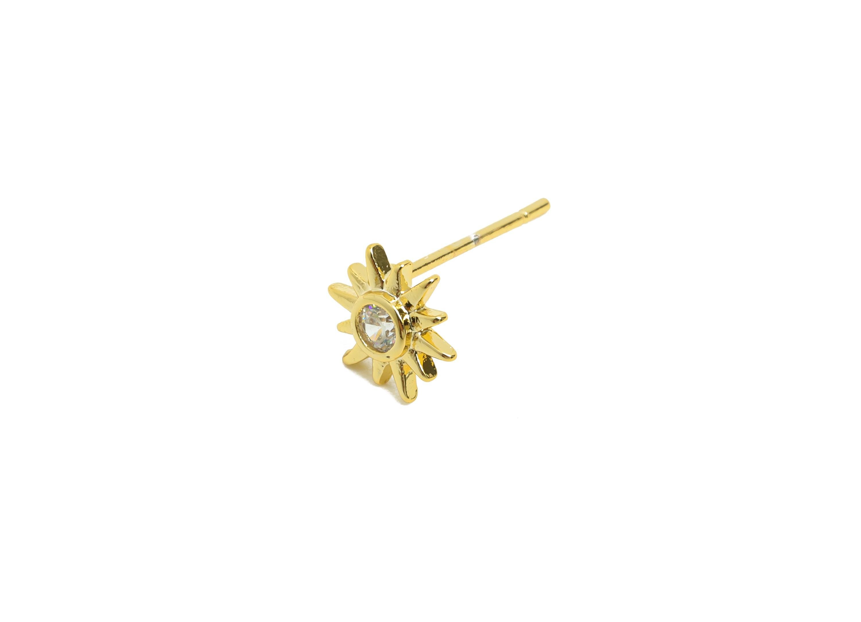 Brass Sun Earring - Gold Sunshine Earring Stud for Girl&#39;s - Zircon Tiny Party Earring Post - 18K Real Gold Plating - 7.9x6.92x3.6mm- RGP8492 - DOMEDBAZAAR