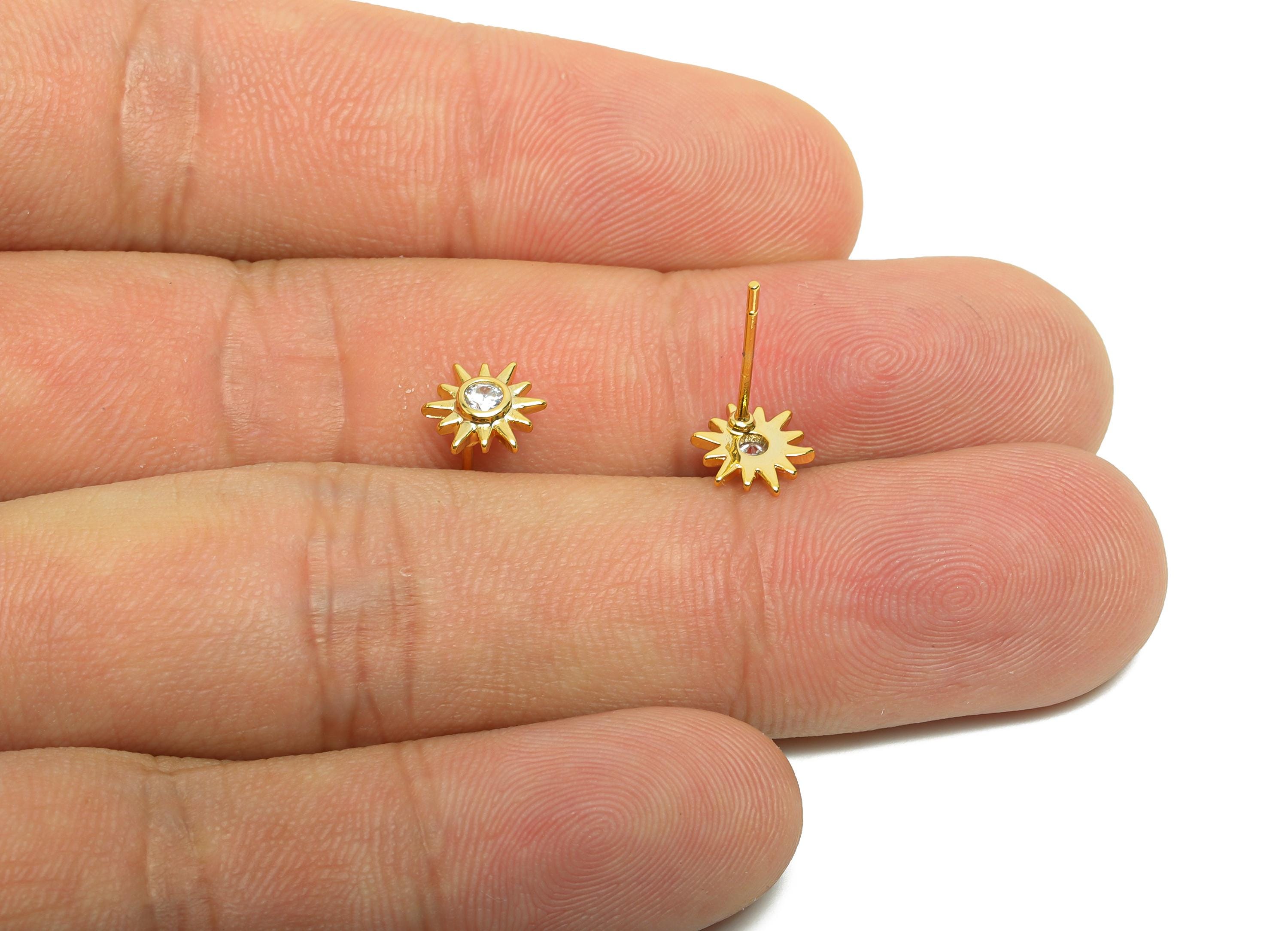 Brass Sun Earring - Gold Sunshine Earring Stud for Girl&#39;s - Zircon Tiny Party Earring Post - 18K Real Gold Plating - 7.9x6.92x3.6mm- RGP8492 - DOMEDBAZAAR