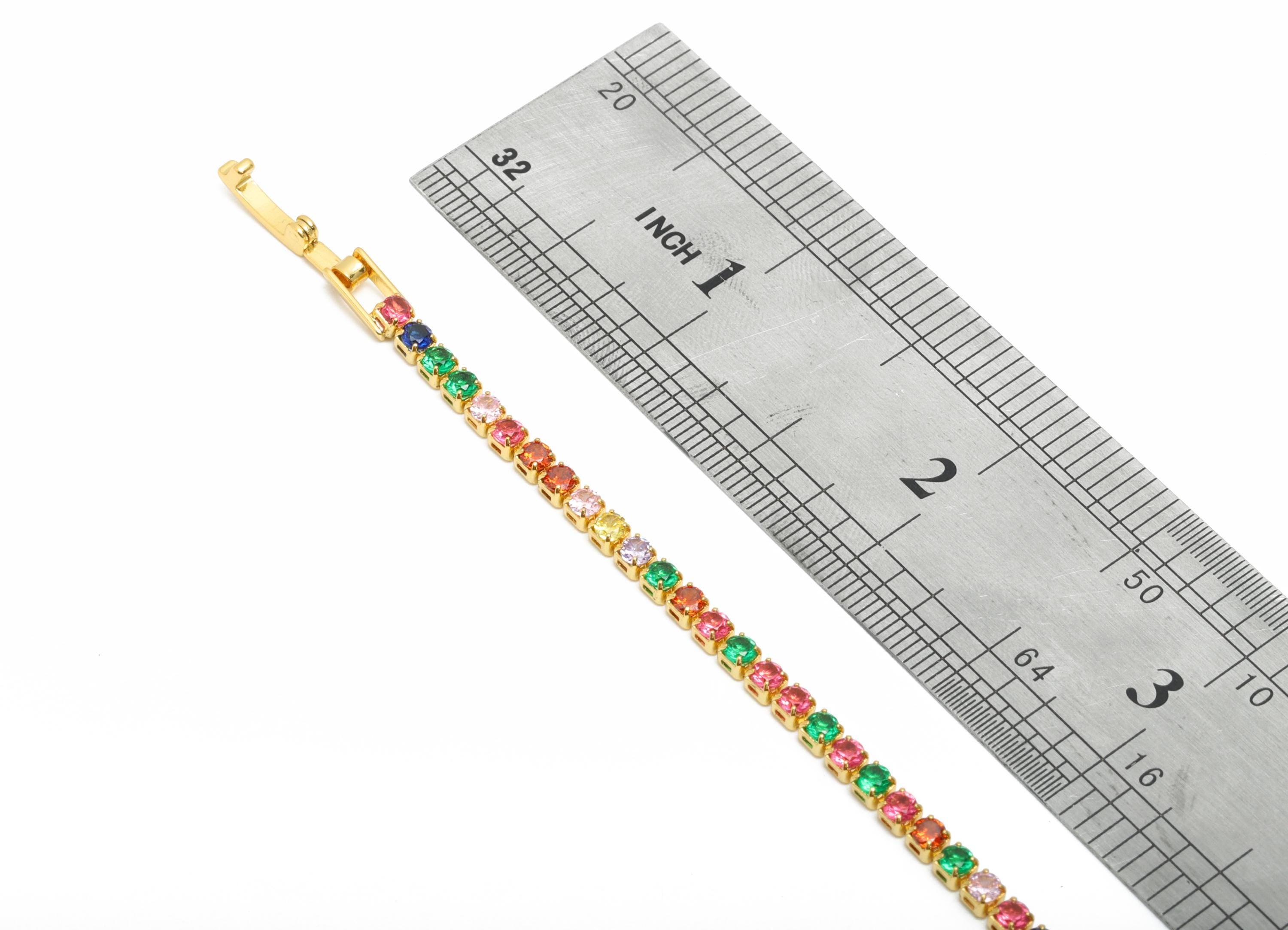 17cm Round Chain Bracelet - Brass Mix Color 2.5mm Round  Bracelet - Rainbow Cubic Zircon Bracelet - 18K Real Gold Plating - RGP8628-17 - DOMEDBAZAAR