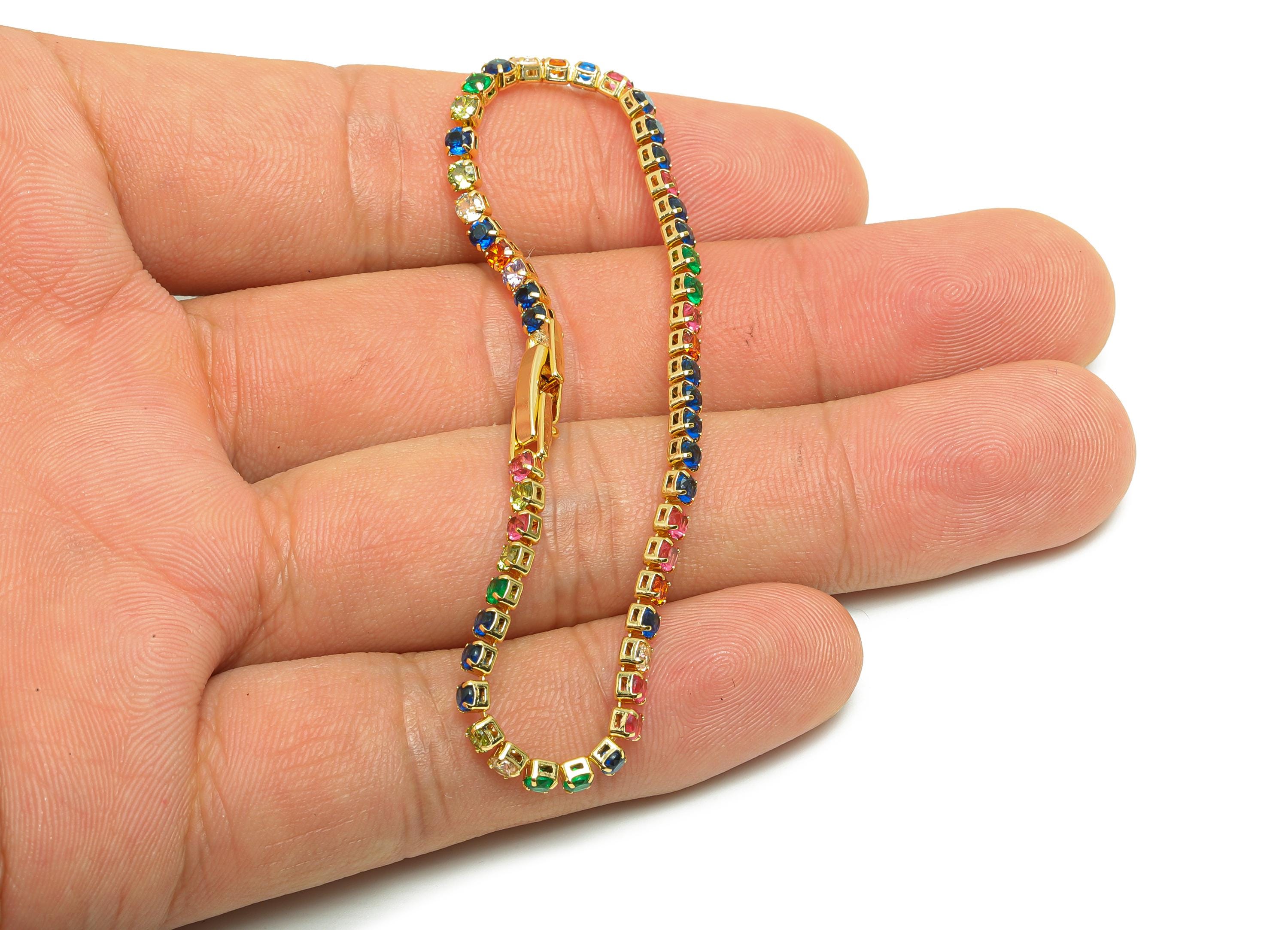 17cm Round Chain Bracelet - Brass Mix Color 2.5mm Round  Bracelet - Rainbow Cubic Zircon Bracelet - 18K Real Gold Plating - RGP8628-17 - DOMEDBAZAAR