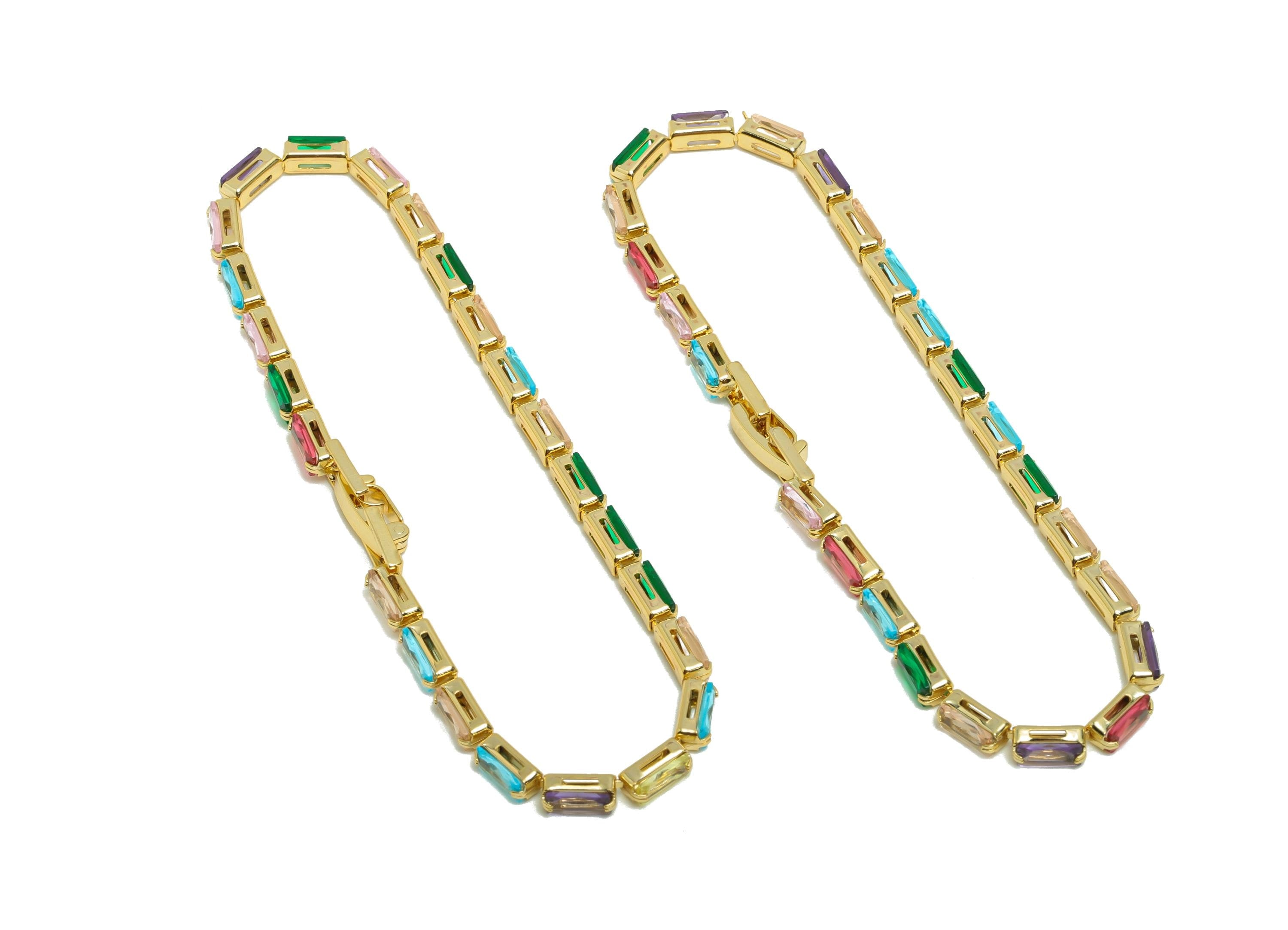 17cm Rectangular Chain Bracelet - Brass Mix Color 3*6mm Bracelet - Rainbow Cubic Zircon oblique Bracelet - 18K Real Gold Plated - RGP8631-19 - DOMEDBAZAAR