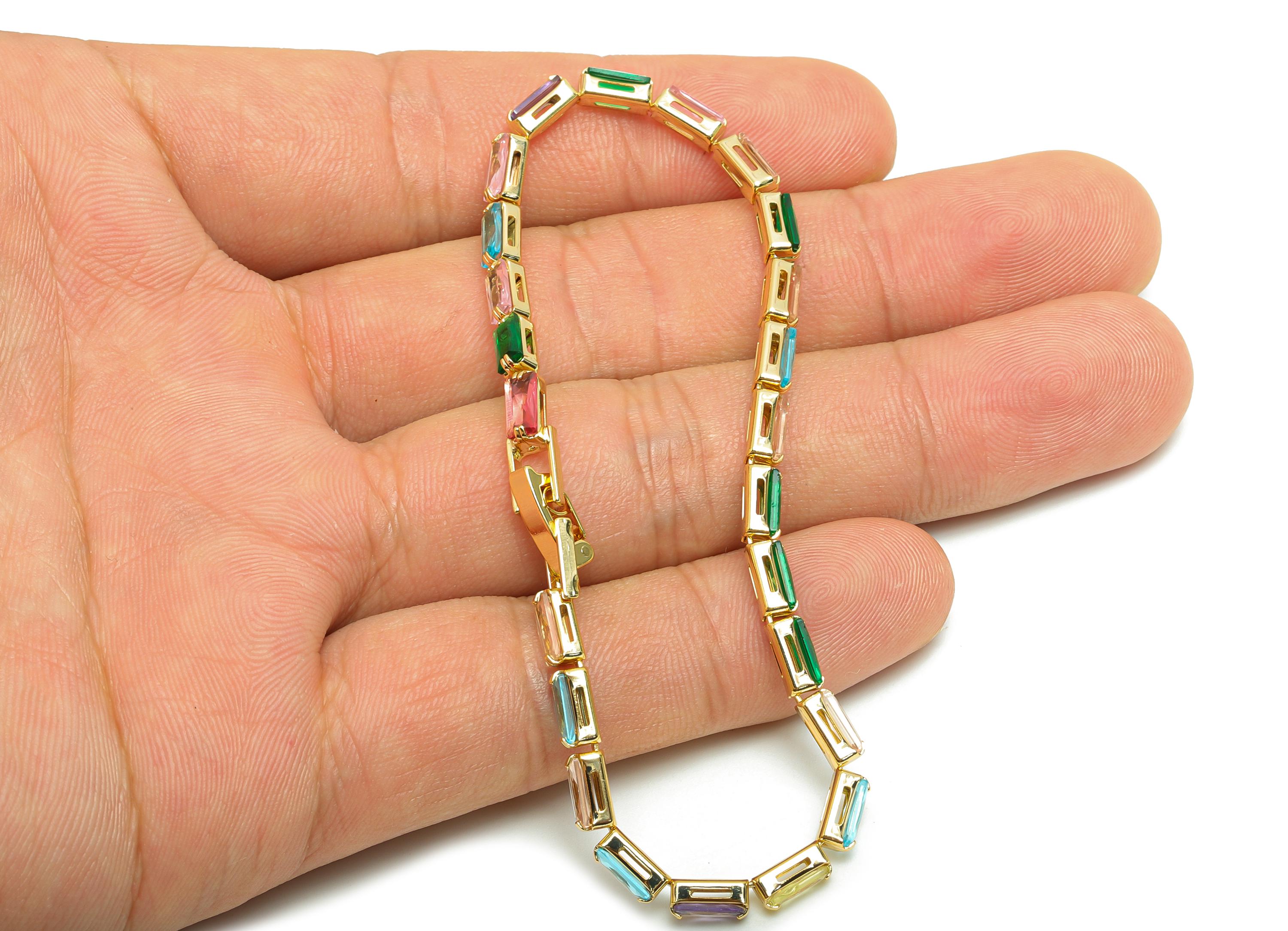 17cm Rectangular Chain Bracelet - Brass Mix Color 3*6mm Bracelet - Rainbow Cubic Zircon oblique Bracelet - 18K Real Gold Plated - RGP8631-19 - DOMEDBAZAAR