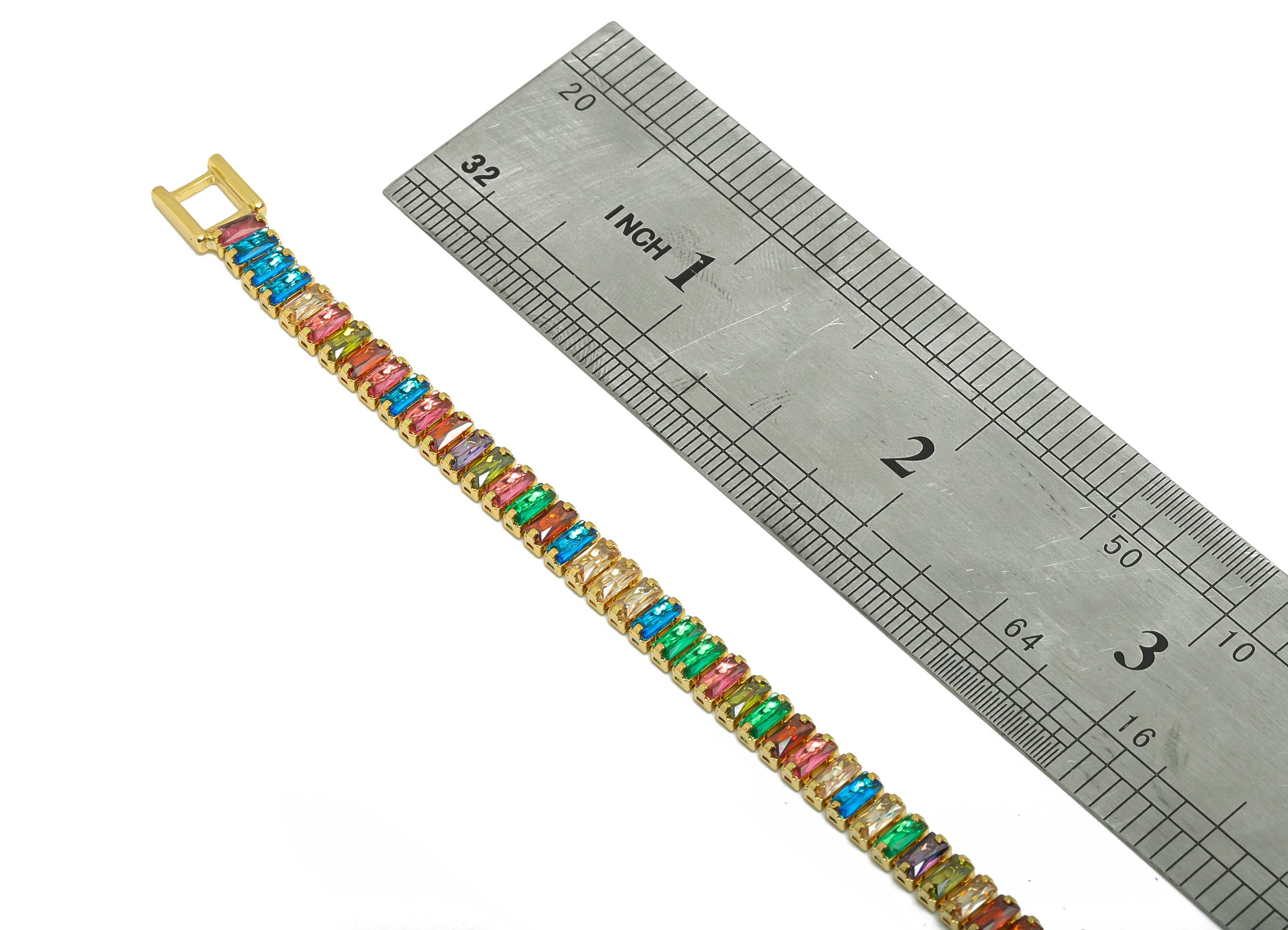 17cm Rectangular Zircon  Chain Bracelet - Brass Mix Color 2*4mm Bracelet  - Rainbow CZ Brass Bracelet - 18K Real Gold Plating - RGP8626-17 - DOMEDBAZAAR