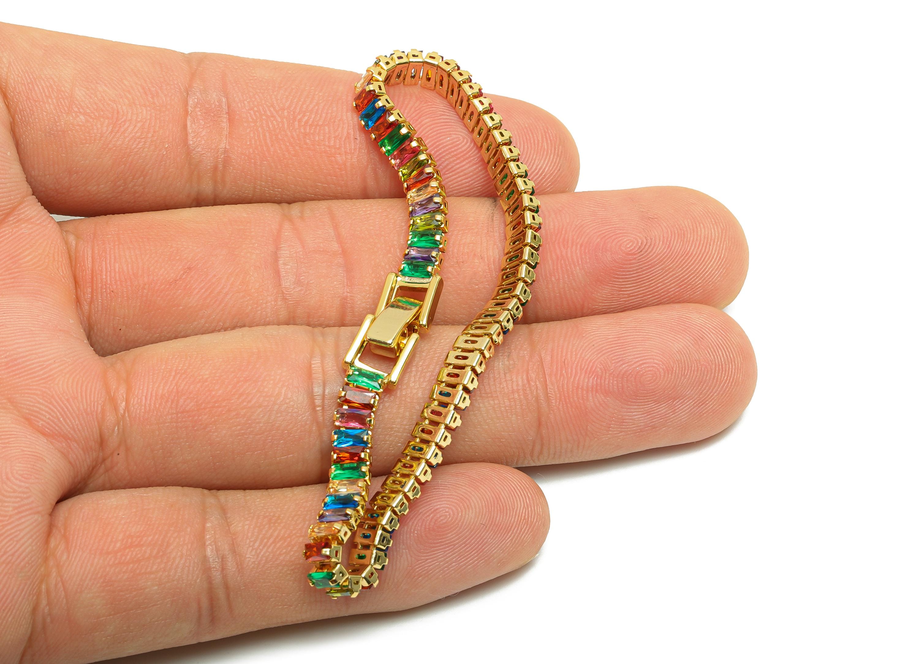 17cm Rectangular Zircon  Chain Bracelet - Brass Mix Color 2*4mm Bracelet  - Rainbow CZ Brass Bracelet - 18K Real Gold Plating - RGP8626-17 - DOMEDBAZAAR