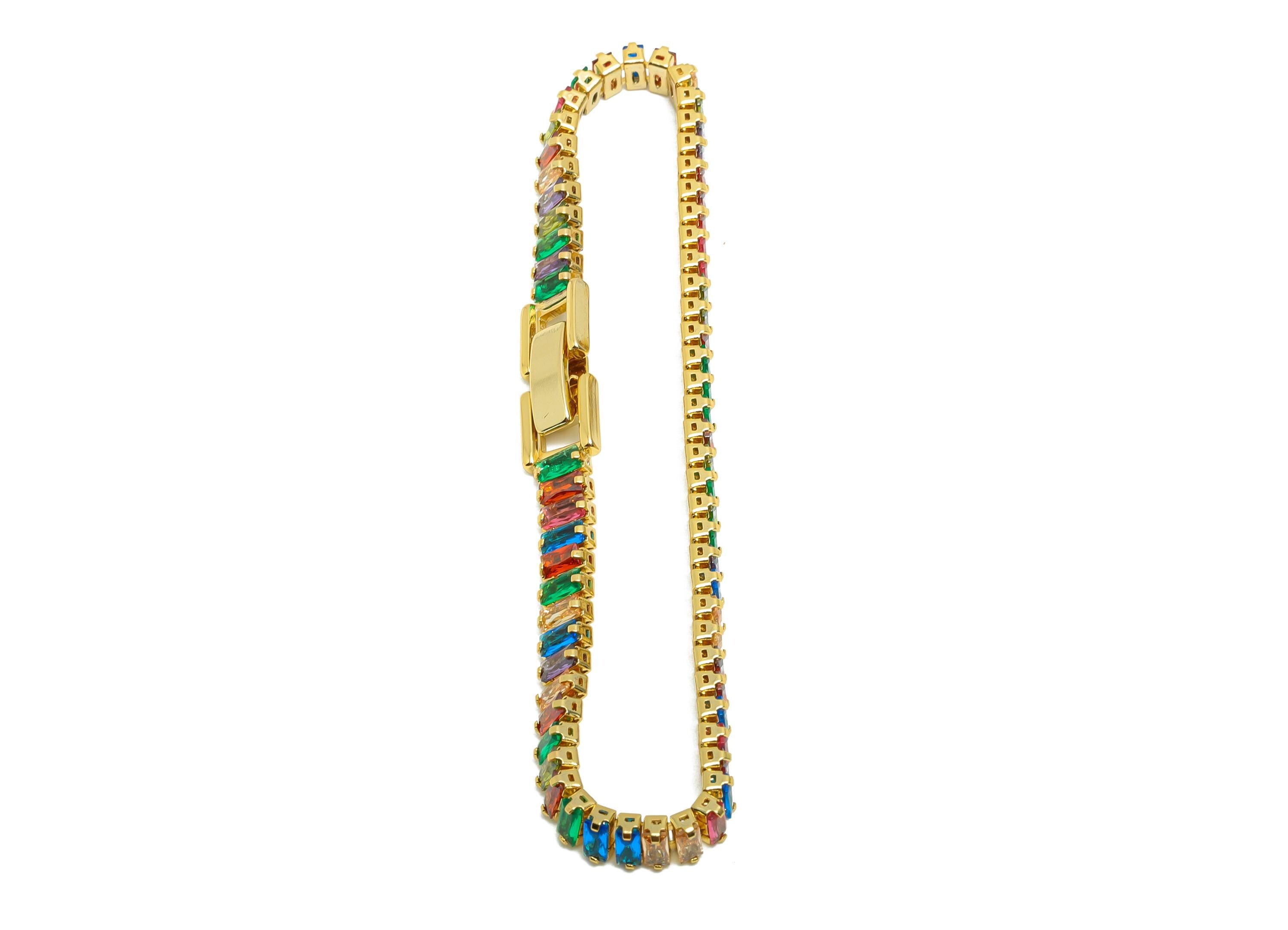 17cm Rectangular Zircon  Chain Bracelet - Brass Mix Color 2*4mm Bracelet  - Rainbow CZ Brass Bracelet - 18K Real Gold Plating - RGP8626-17 - DOMEDBAZAAR