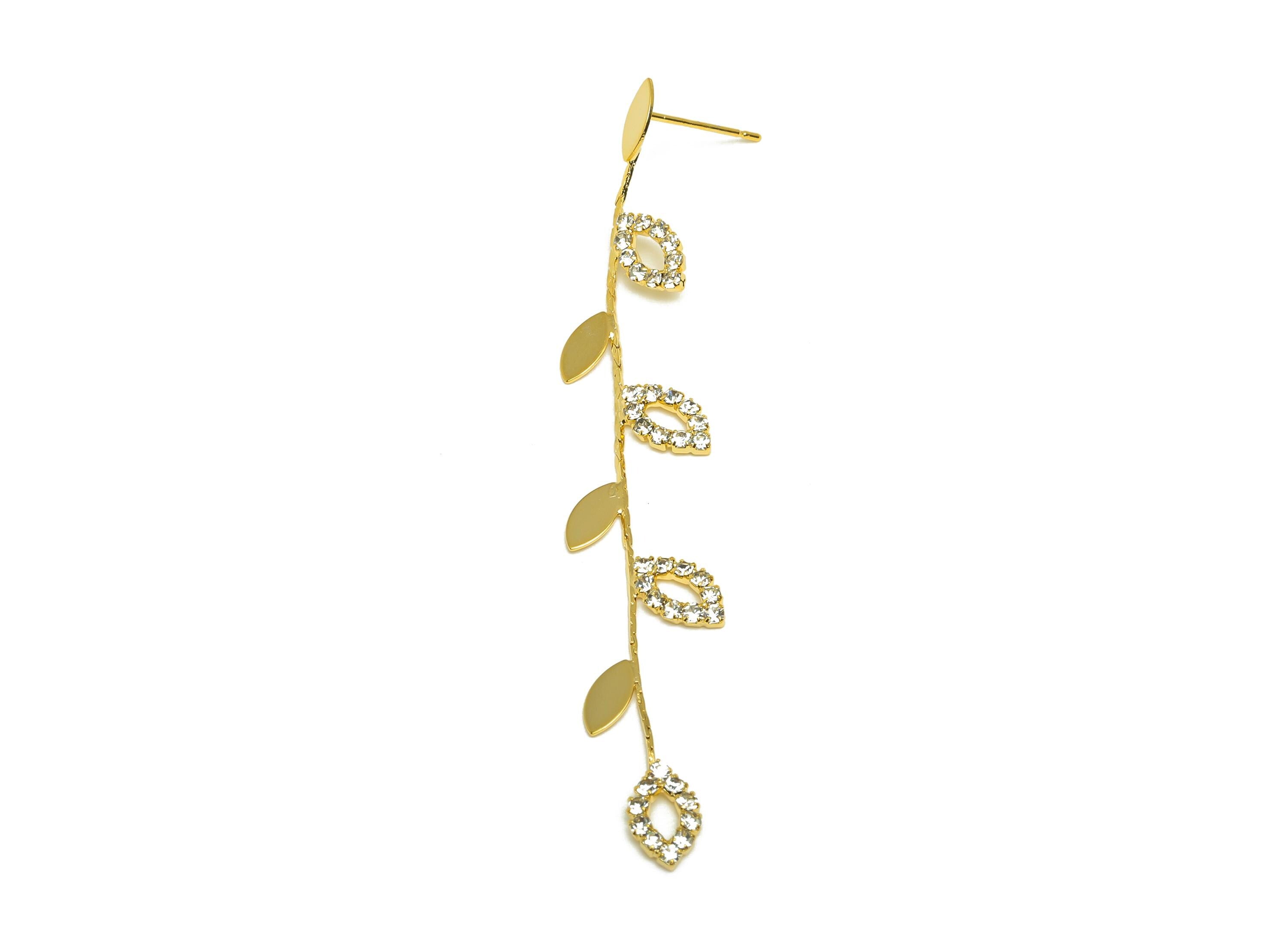 Brass Leaf Chian Earring - Zircon Leaves Snake Chian Ear Post - Gold Snake Chian Tassel Earring Stud - 18K Real Gold Plated - 80mm - RGP7723 - DOMEDBAZAAR