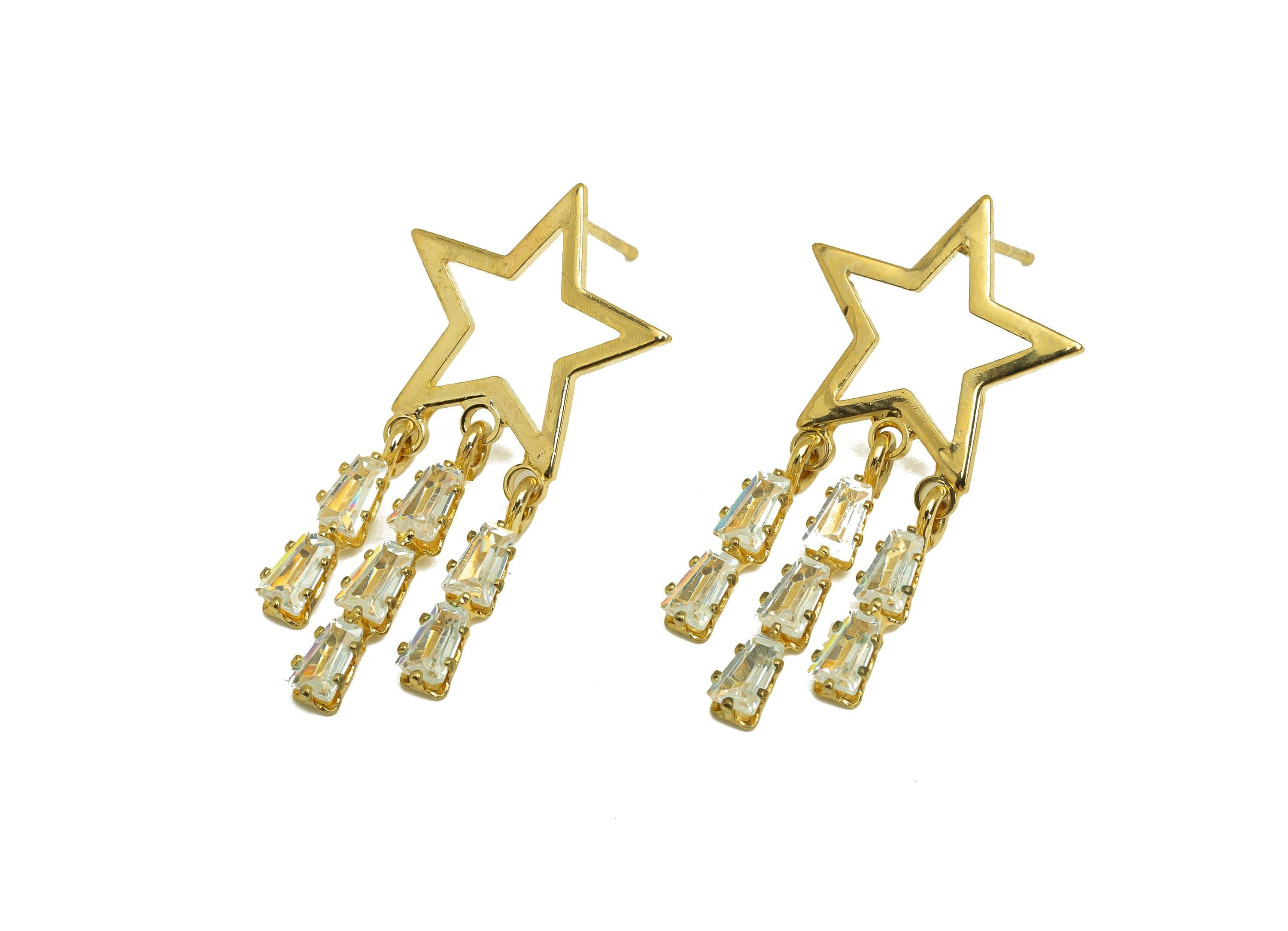 Brass Star Dangle Earring - Gold Zircon Tassel Earring Stud - Star Cubic Zircon Dangle Earring Post - 18K Real Gold Plating - 35mm - RGP7725 - DOMEDBAZAAR