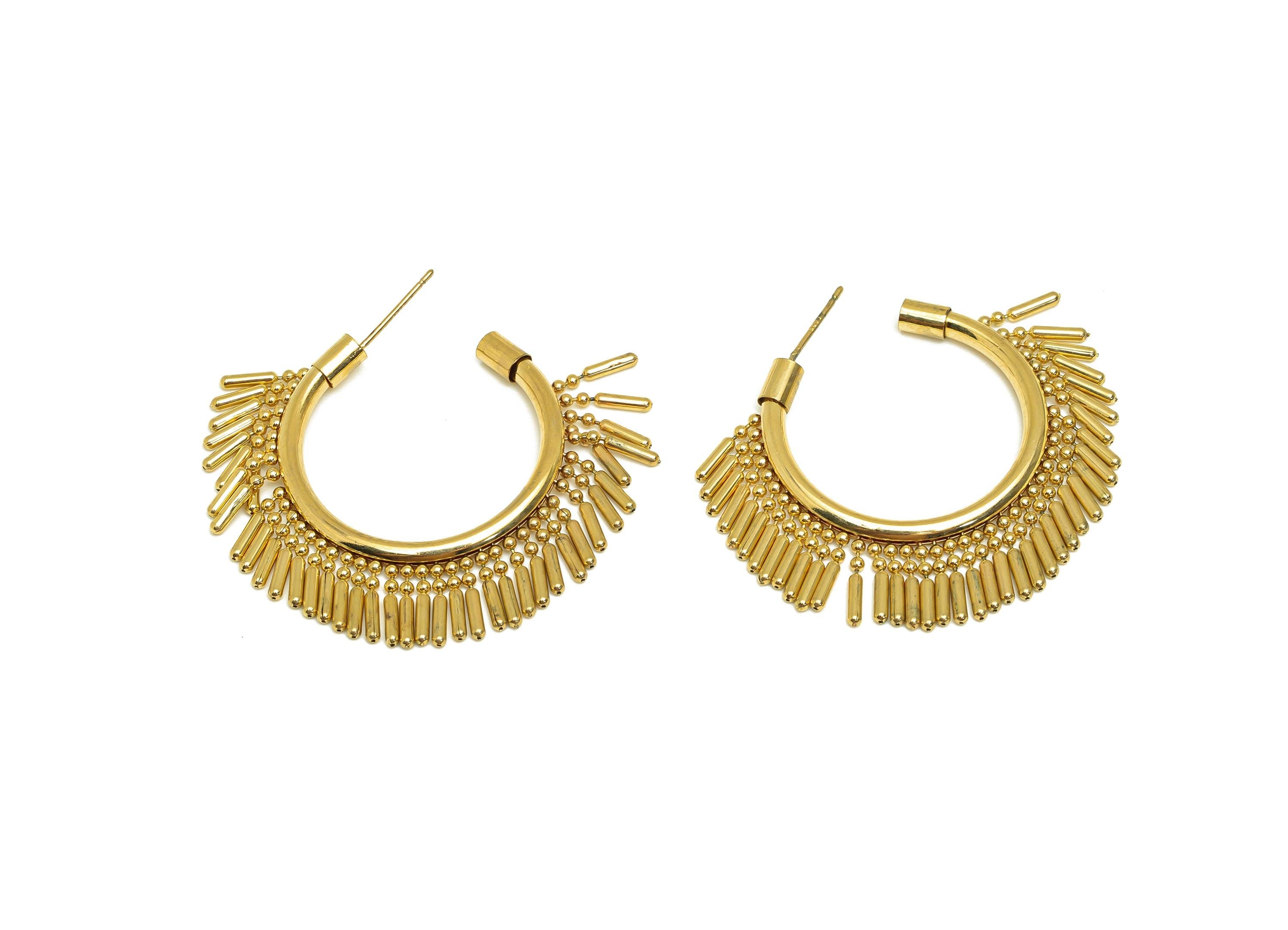 Brass Beads Chain Ear - Gold Open Round C Tassel Earring Stud - Open Circle Beads Chain Earring Post - 18K Real Gold Plating- 40mm - RGP7729 - DOMEDBAZAAR